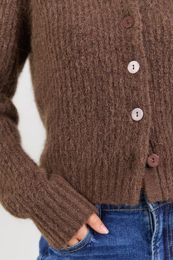 Highlight Chocolate Mohair Blend Crewneck Cardigan