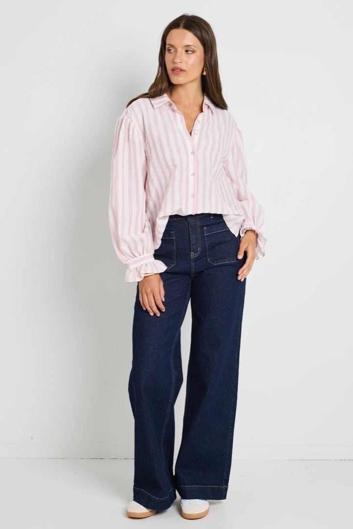 Connection Pink Stripe Button Front Blouse