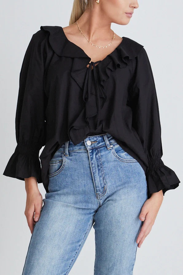 Distinctive Black Voile Ruffle Front Ss Top