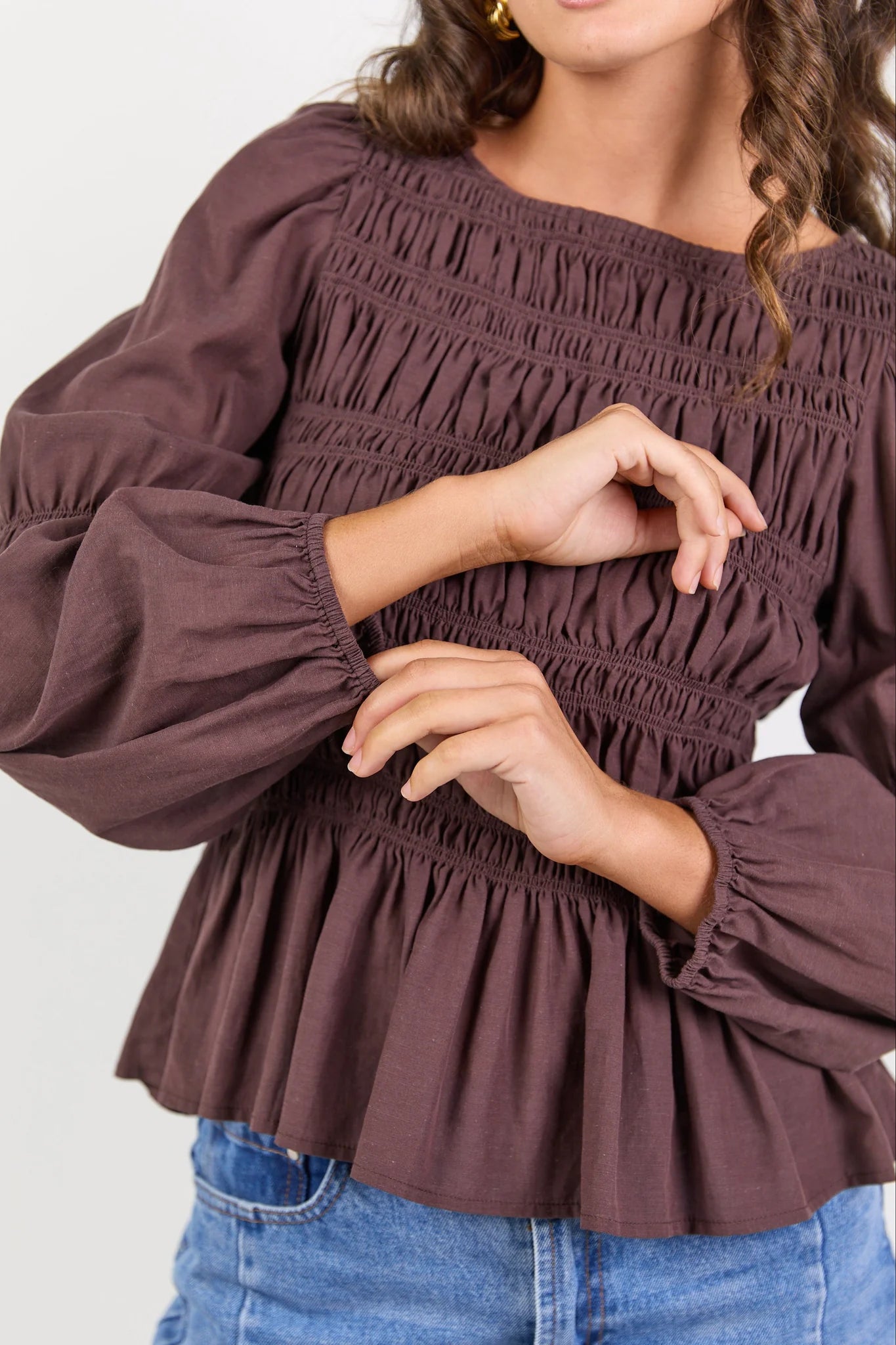 Required Chocolate LS Shirred Bodice Top