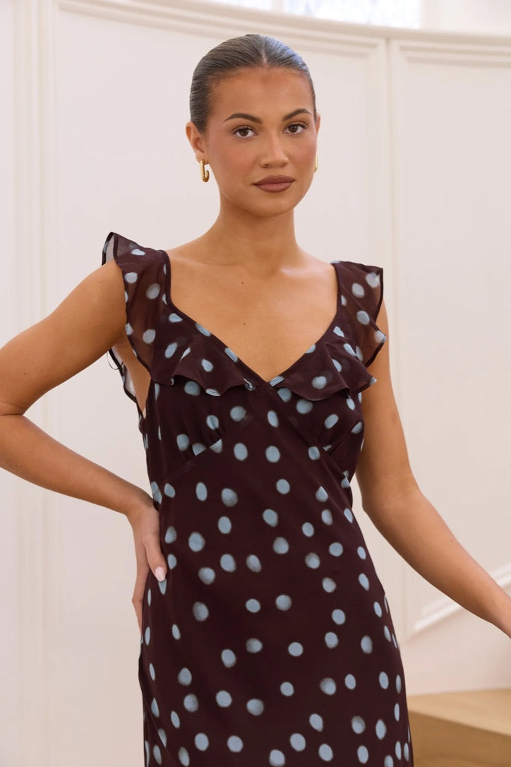 Joyous Chocolate Blue Polka Dot Georgette Bias Slip Maxi Dress