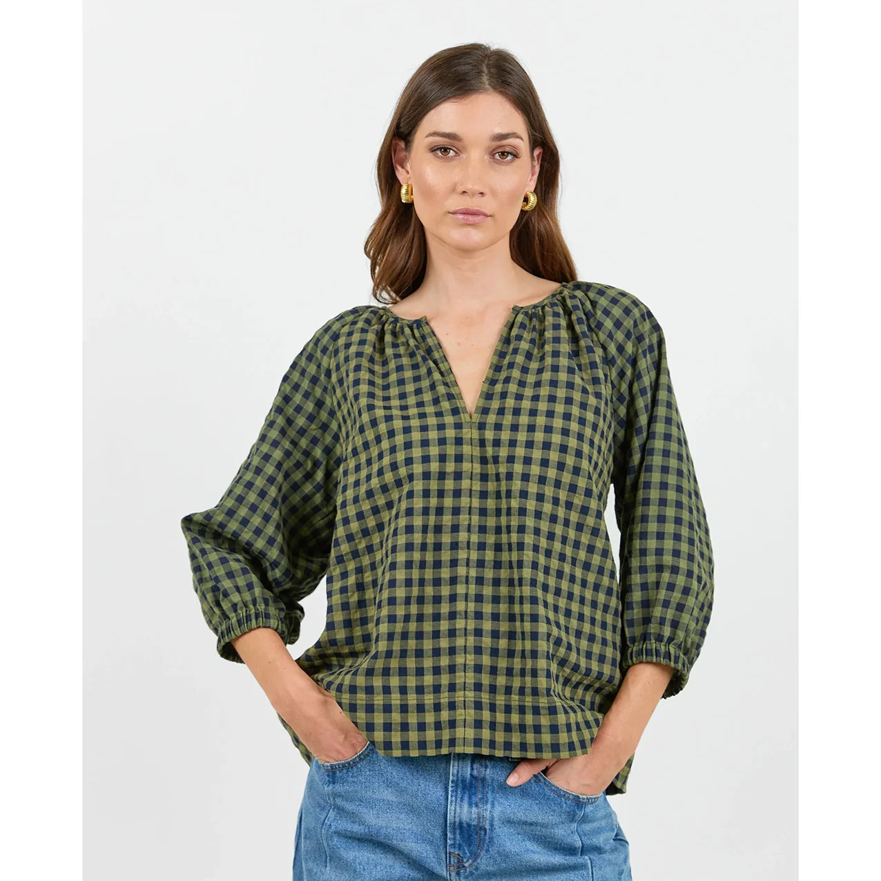 Revolutionary Khaki/ink gingham Relaxed long sleeve top
