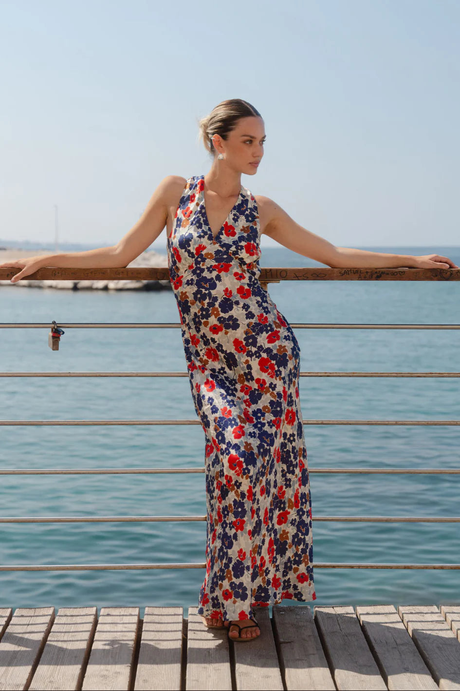 Aston Blue Red Poppy Satin Bias Flared Maxi Dress