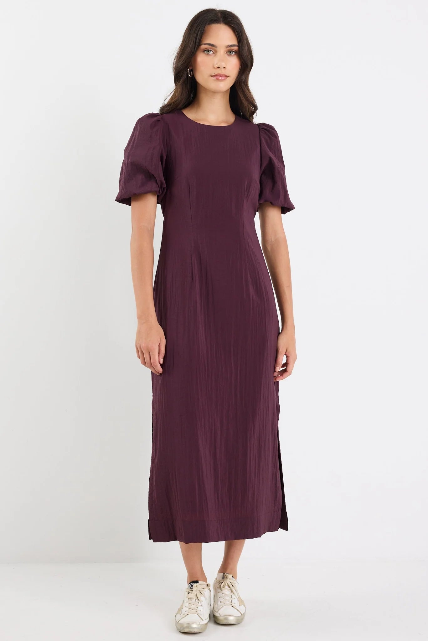 Elder Plum Short Puff Sleeve Tie Midi Dress