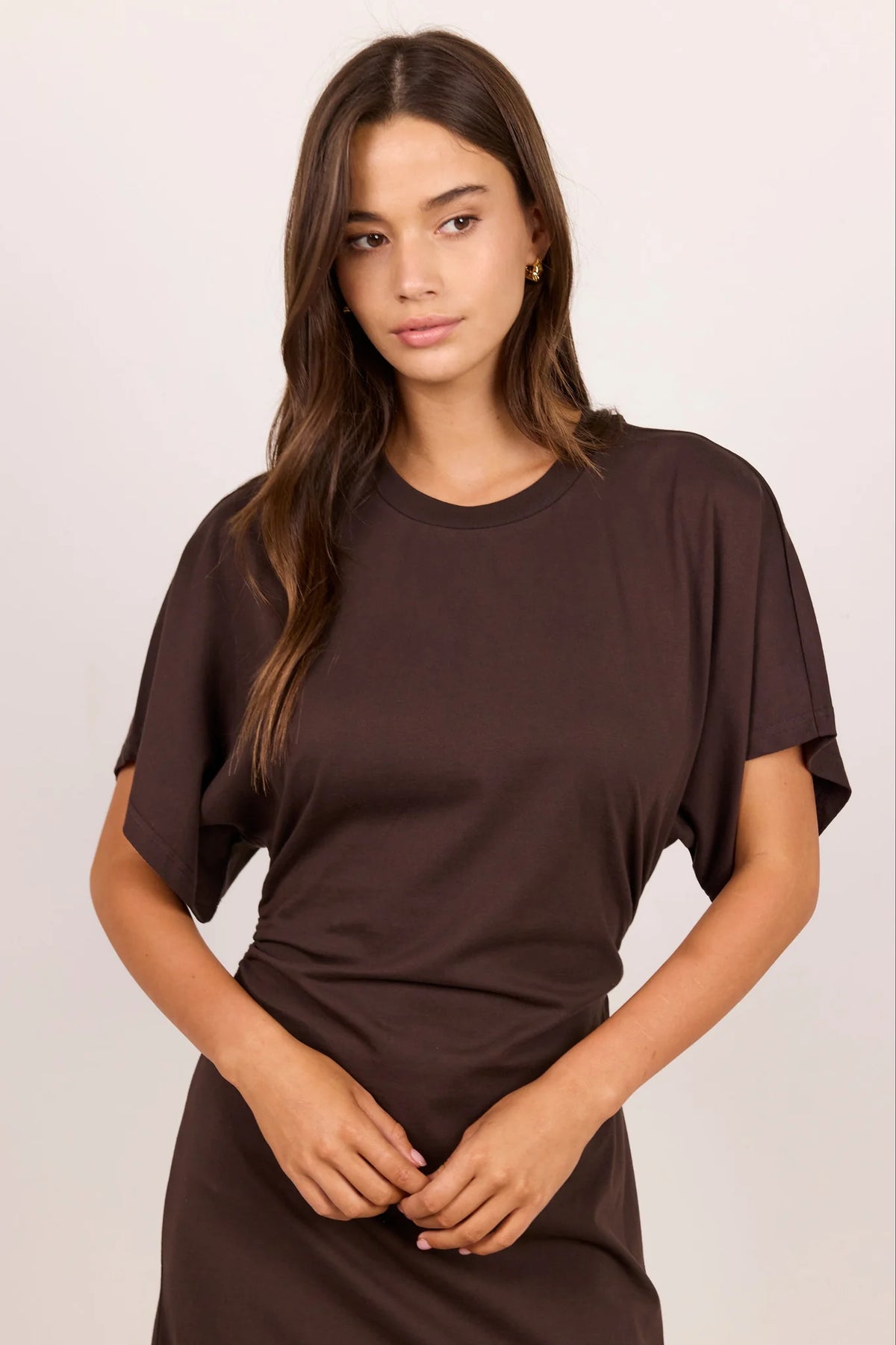 Pulse Chocolate Cotton Gathered Waist Detail Short Sleeve Dress