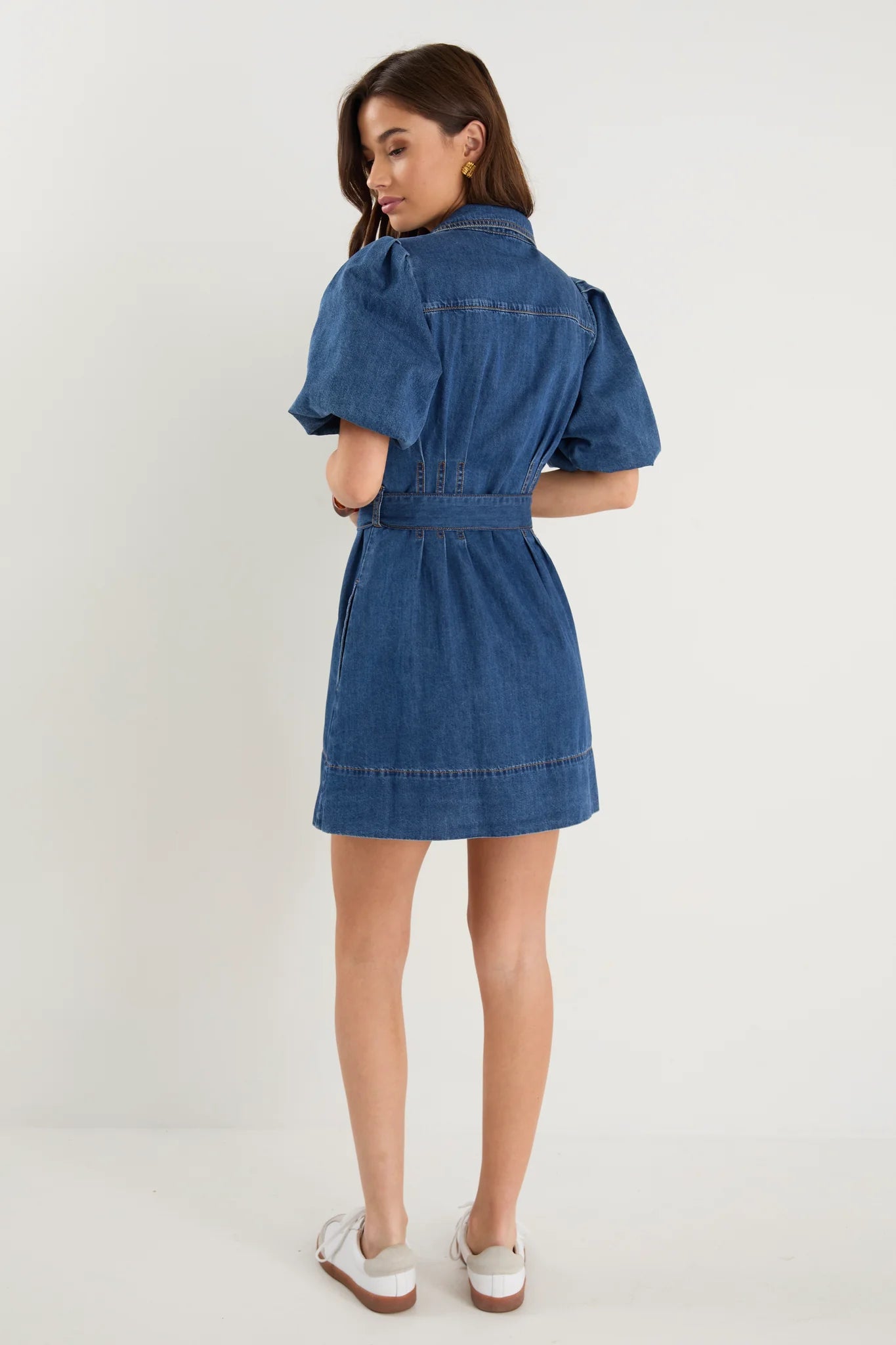Sundown Storm Blue Denim Puff Sleeve Mini Shirt Dress