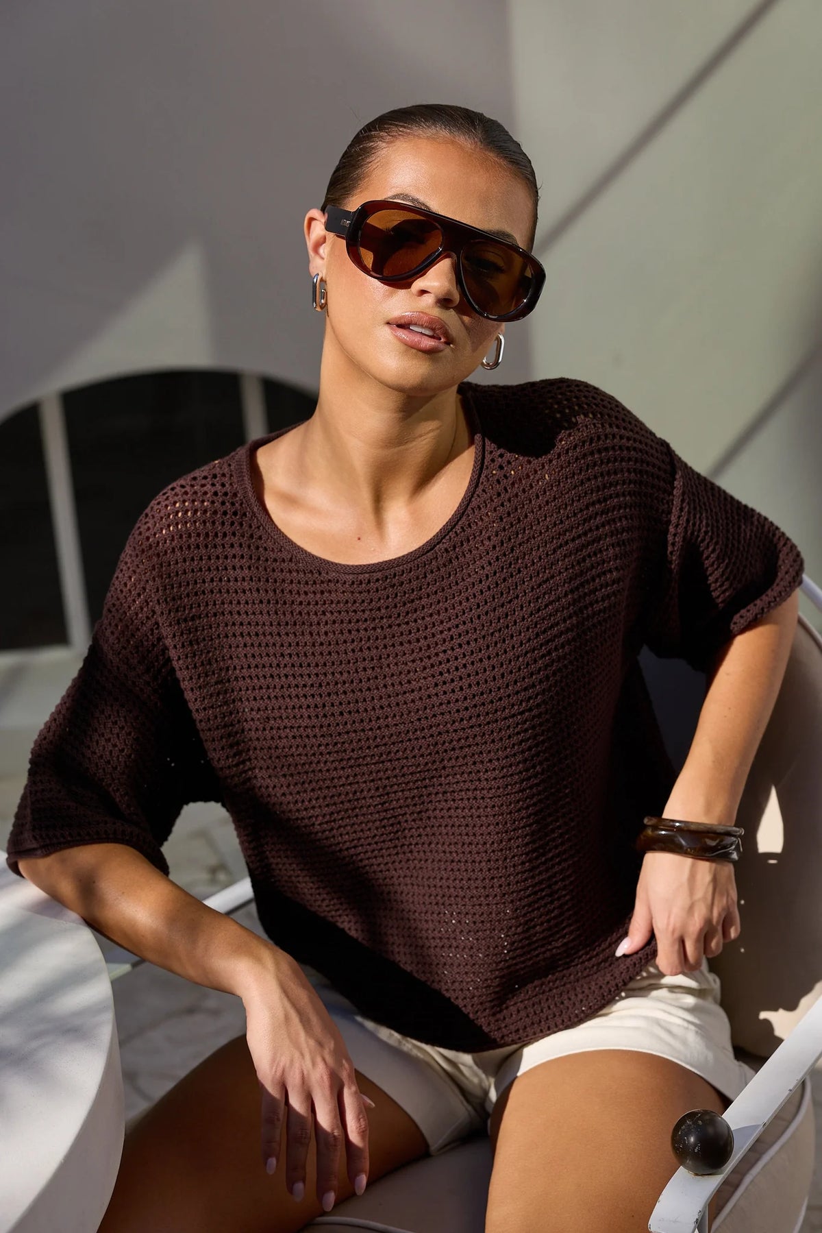 Sunrise Dark Chocolate SS Crochet Knit Top