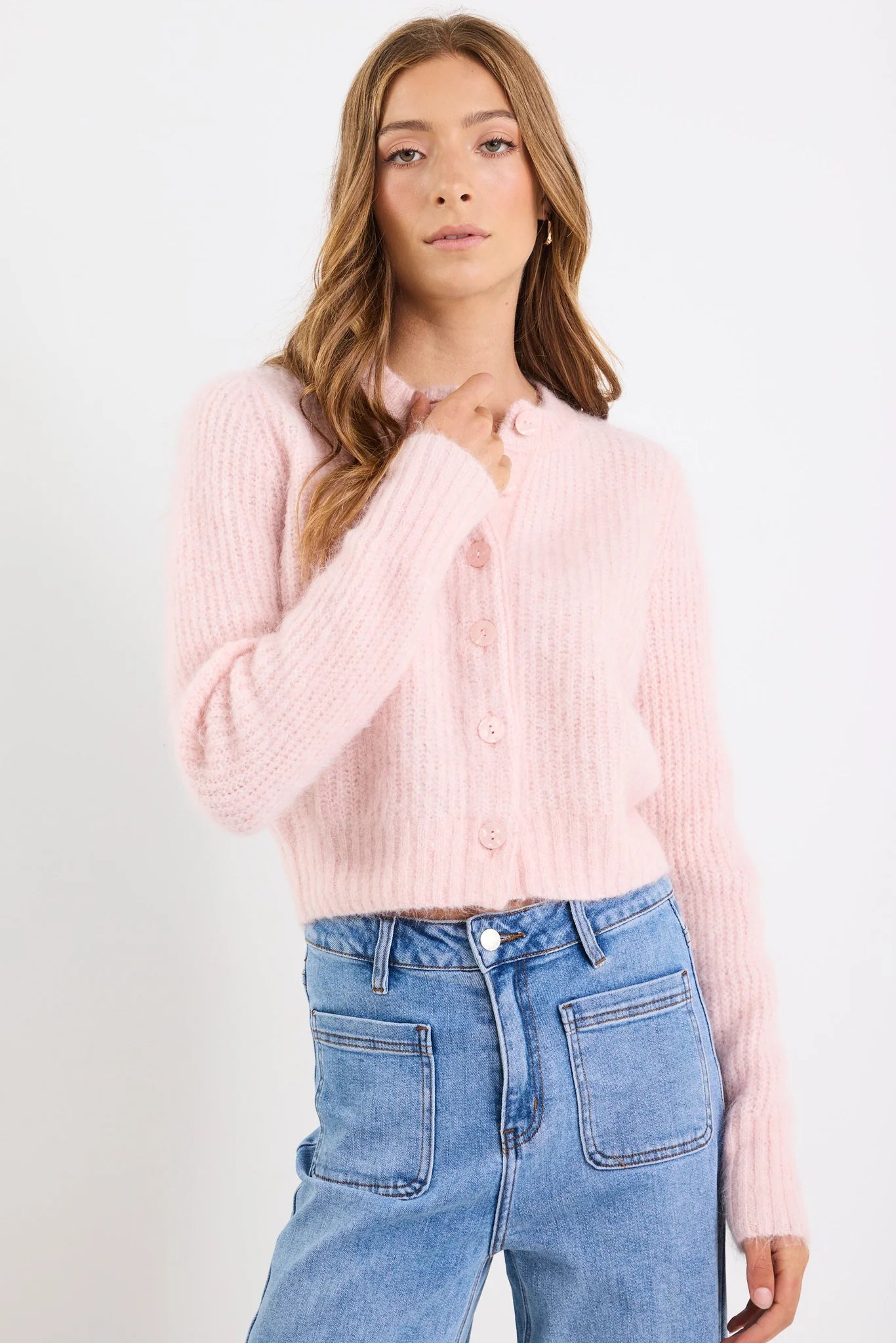Highlight Blush Mohair Blend Crewneck Cardigan