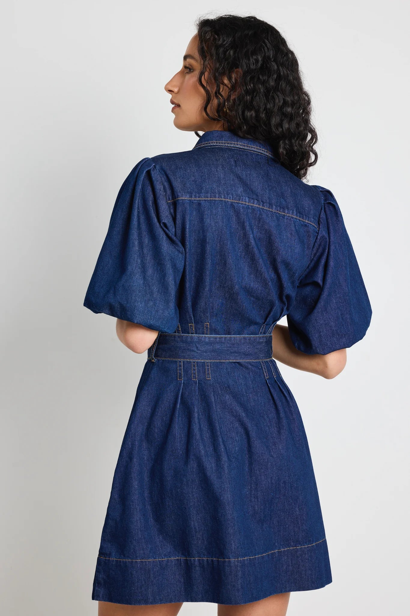 Sundown Indigo Denim Puff Sleeve Mini Shirt Dress