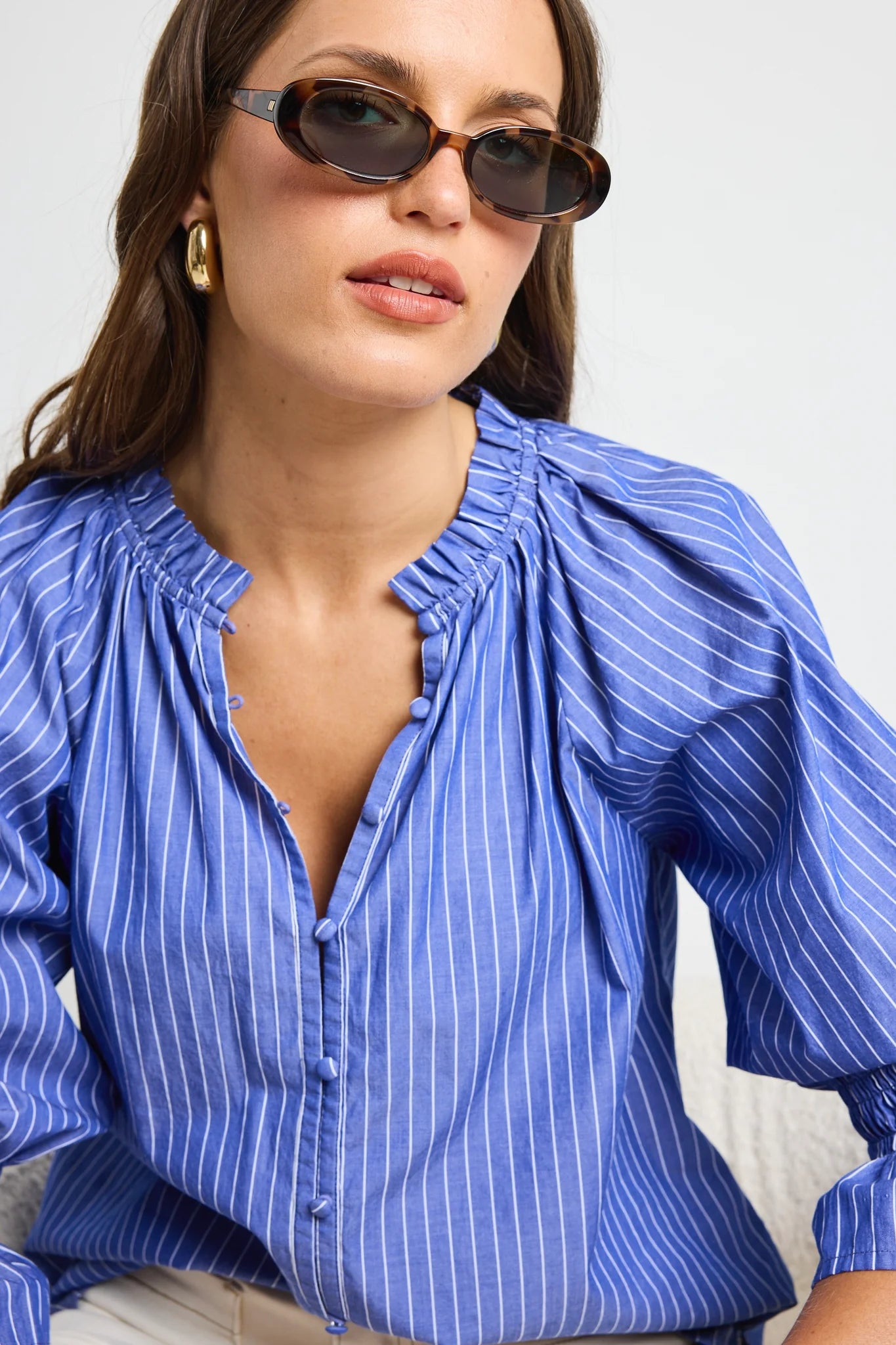 Noetic Dark Blue Stripe Short Sleeve Blouse