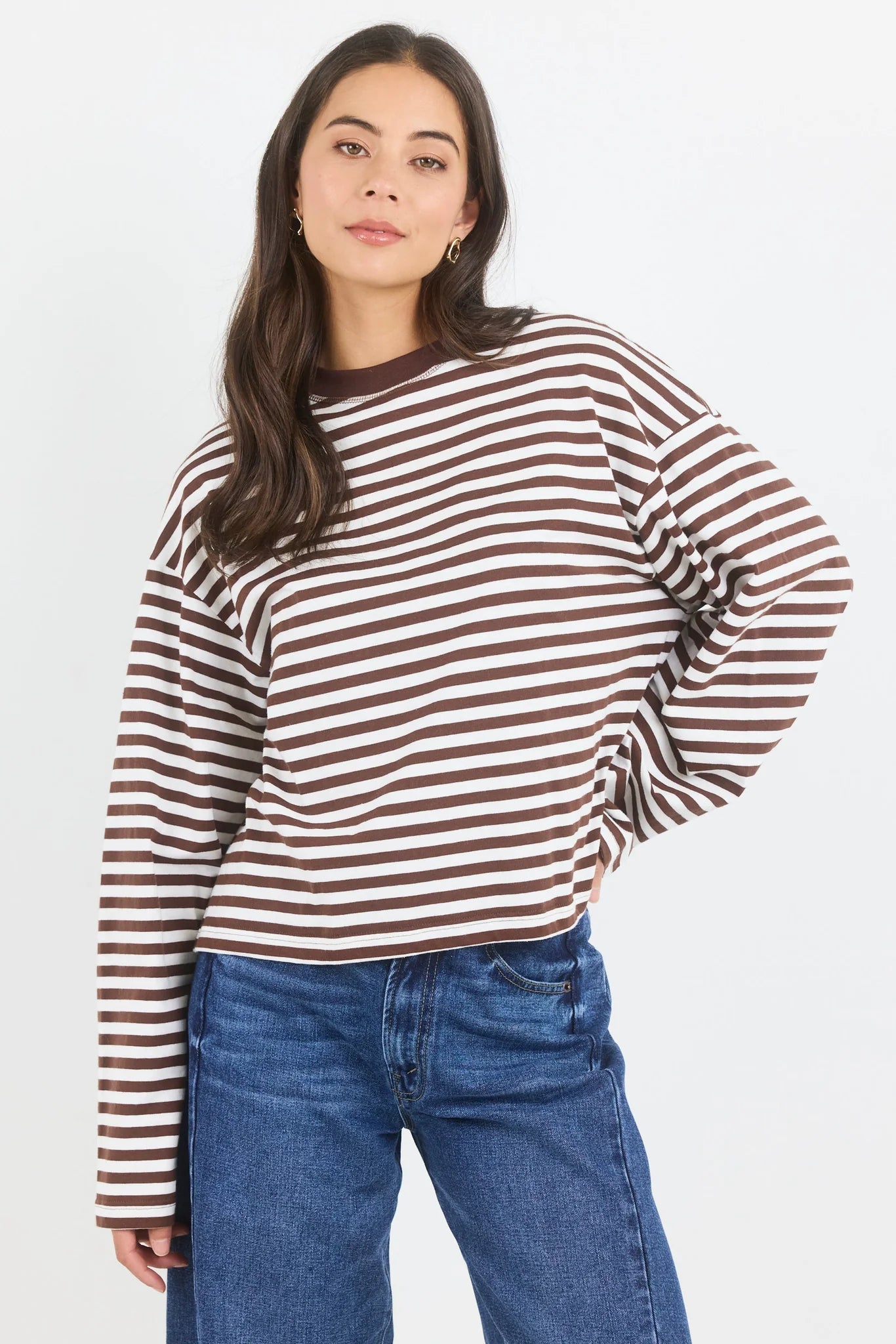 Unite Chocolate White Stripe Long Sleeve Contrast Binding Tee - Chocolate White Stripe