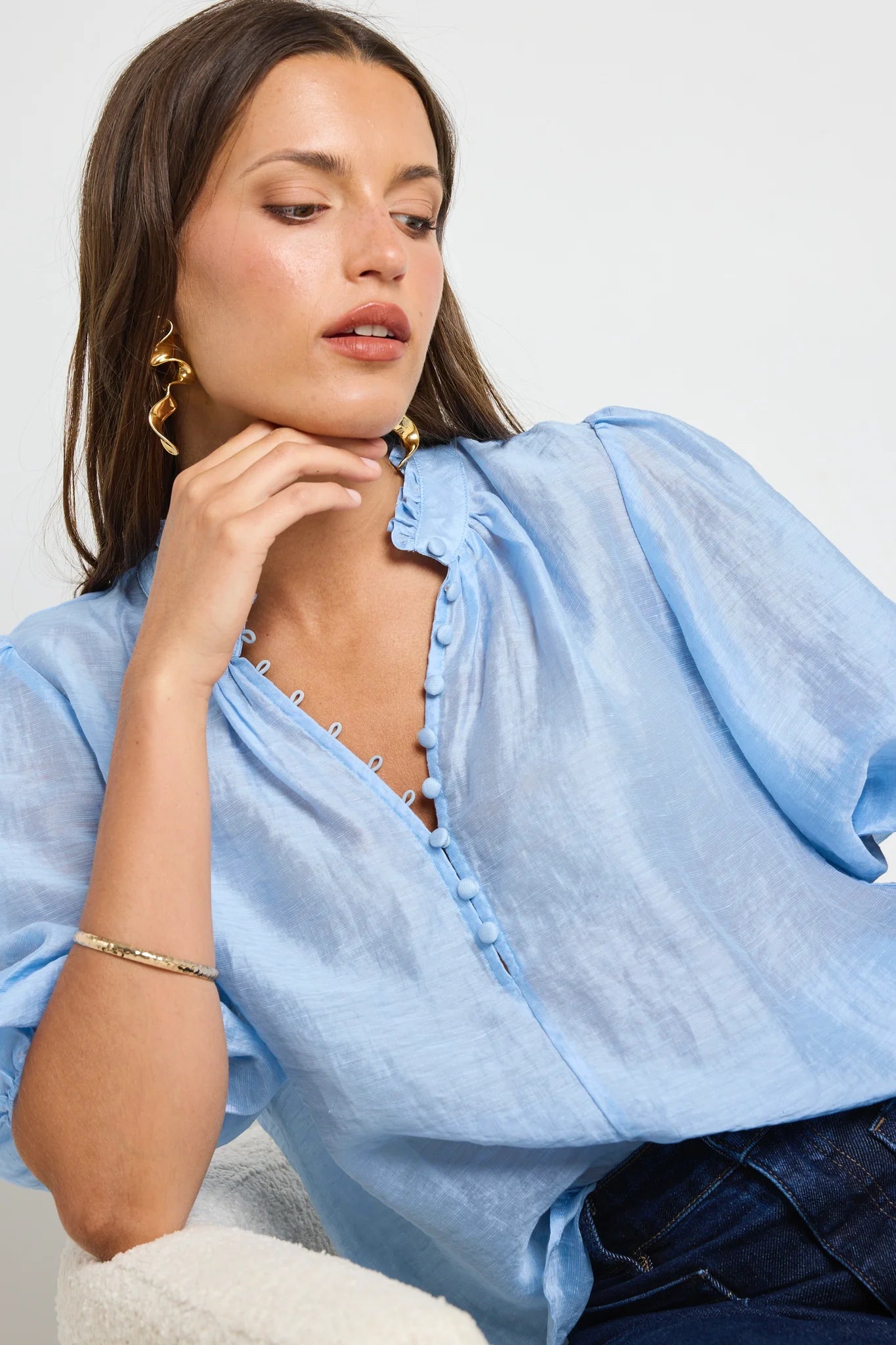 Closure Pale Blue Sheer High Neck Buttoned Top