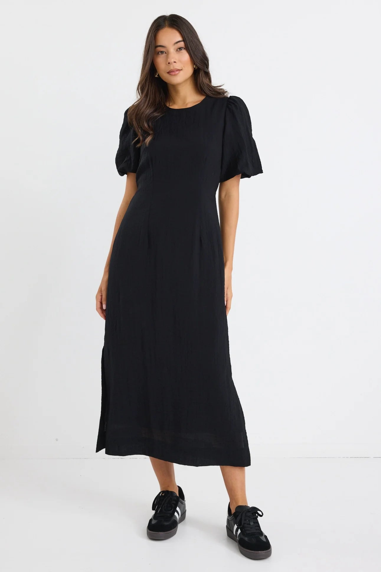 Elder Black Short Puff Sleeve Tie Midi Dress