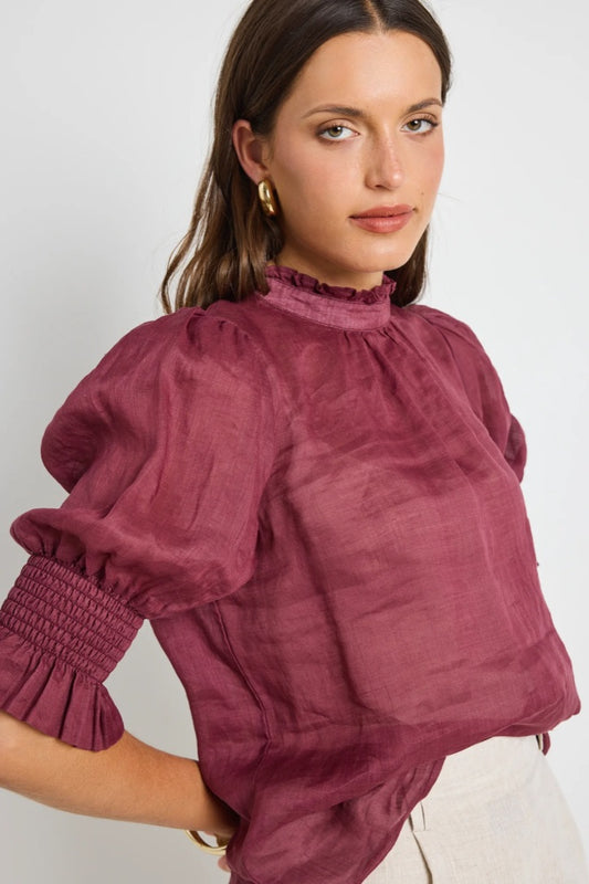 Verse Burgundy Sheer High Neck Short Sleeve Top