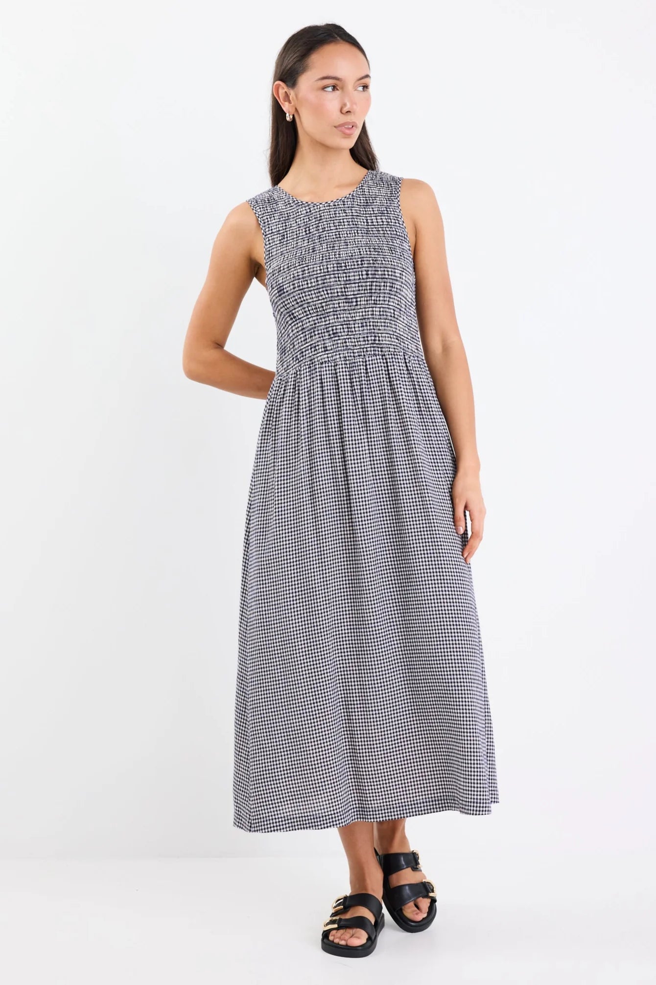 Bryar Navy Mini Gingham Sleeveless Shirred Bodice Midi Dress -Navy Mini Gingham