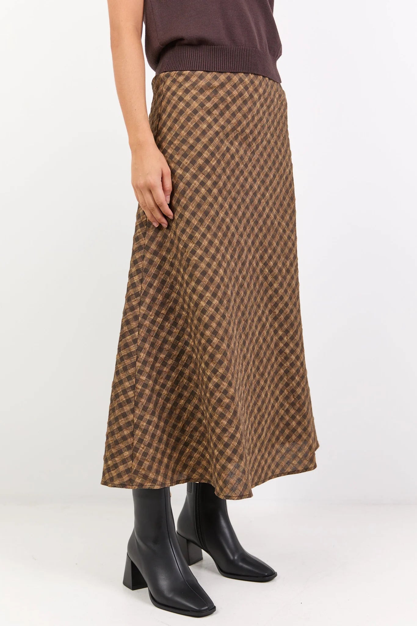 Companion Chocolate Caramel Check Cotton Blend Bias Maxi Skirt - Chocolate Caramel Check
