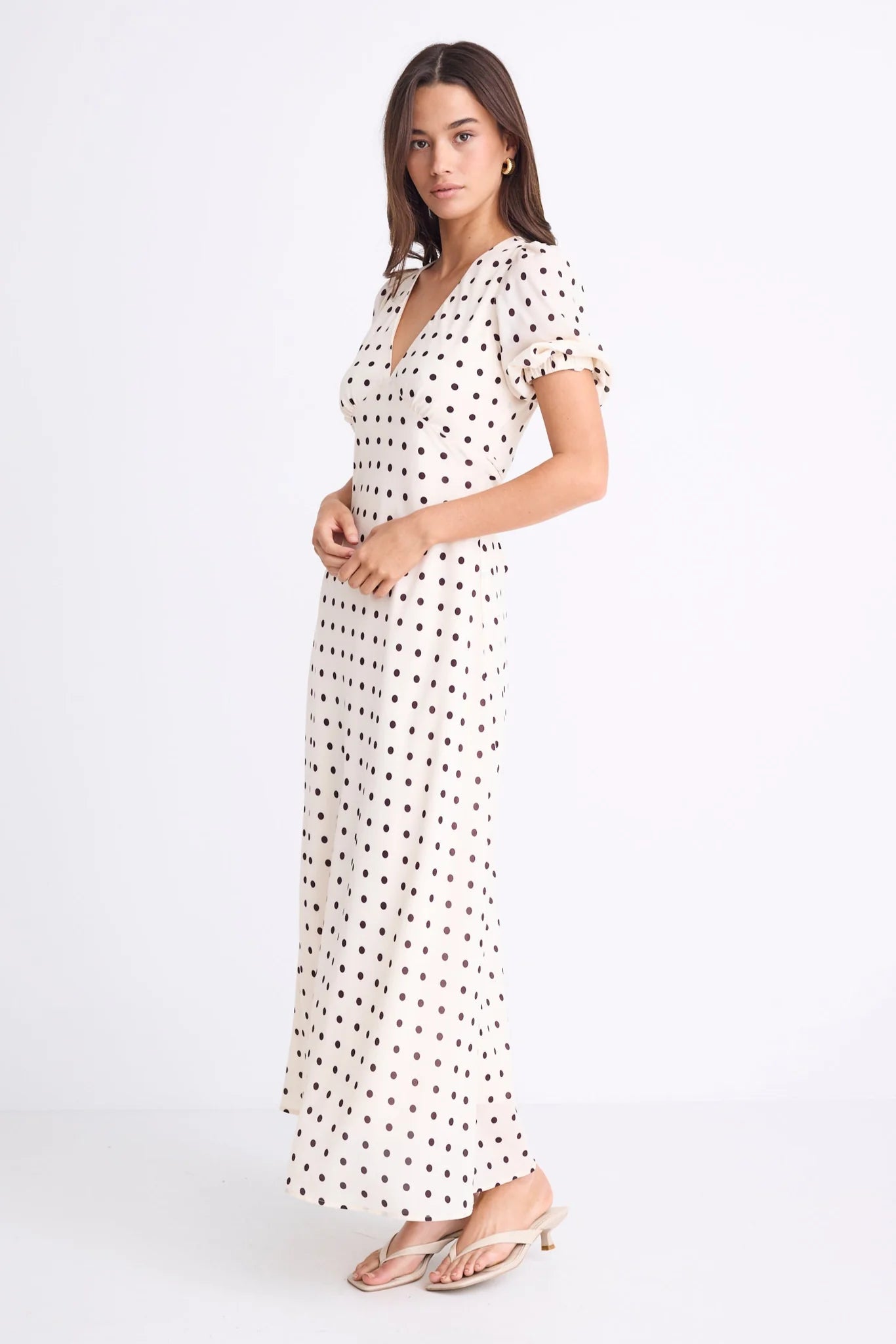 Amora Cream Chocolate Polka Dot Bias Midi Dress