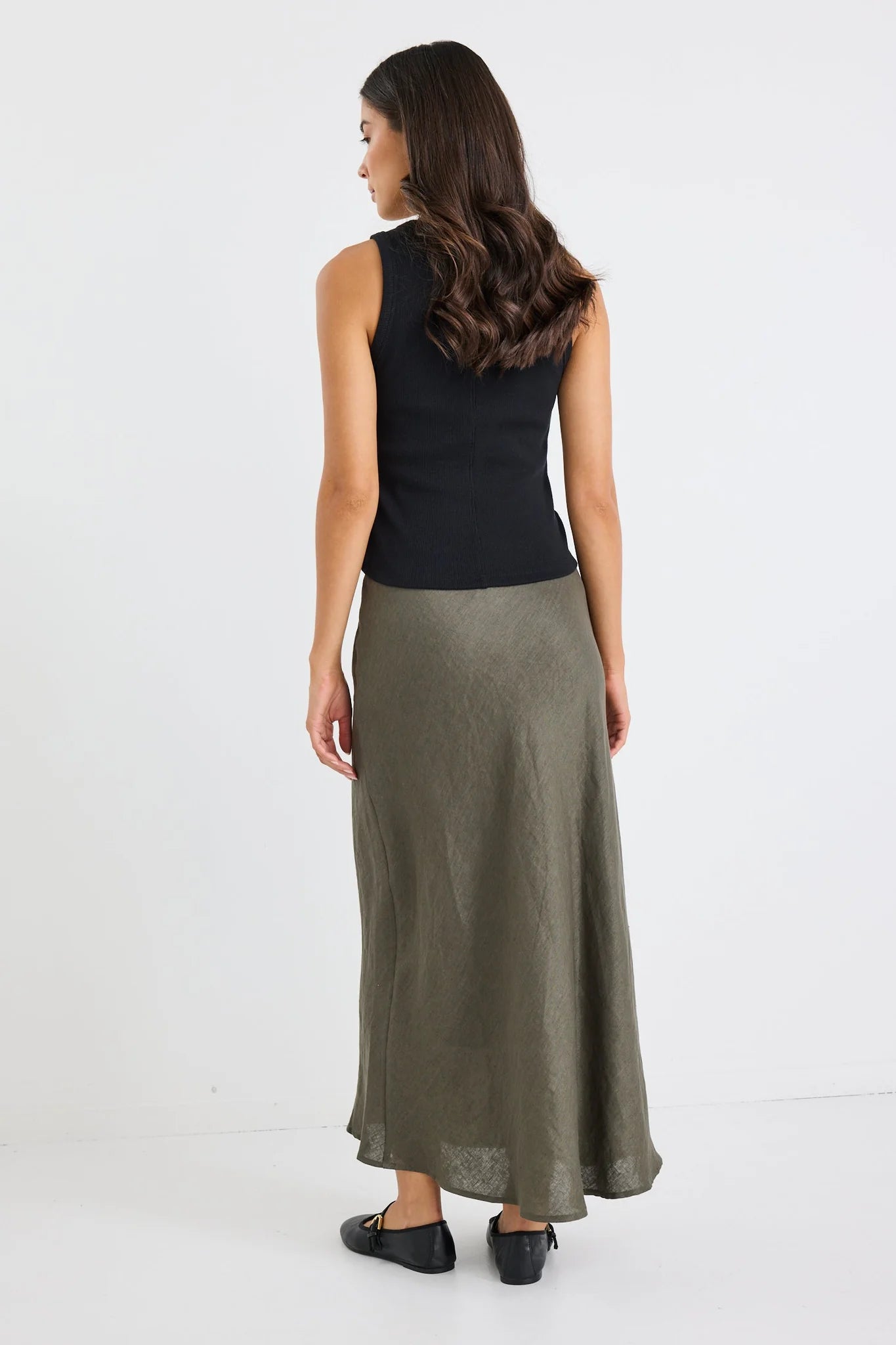Bliss Khaki Linen Bias Midi Skirt