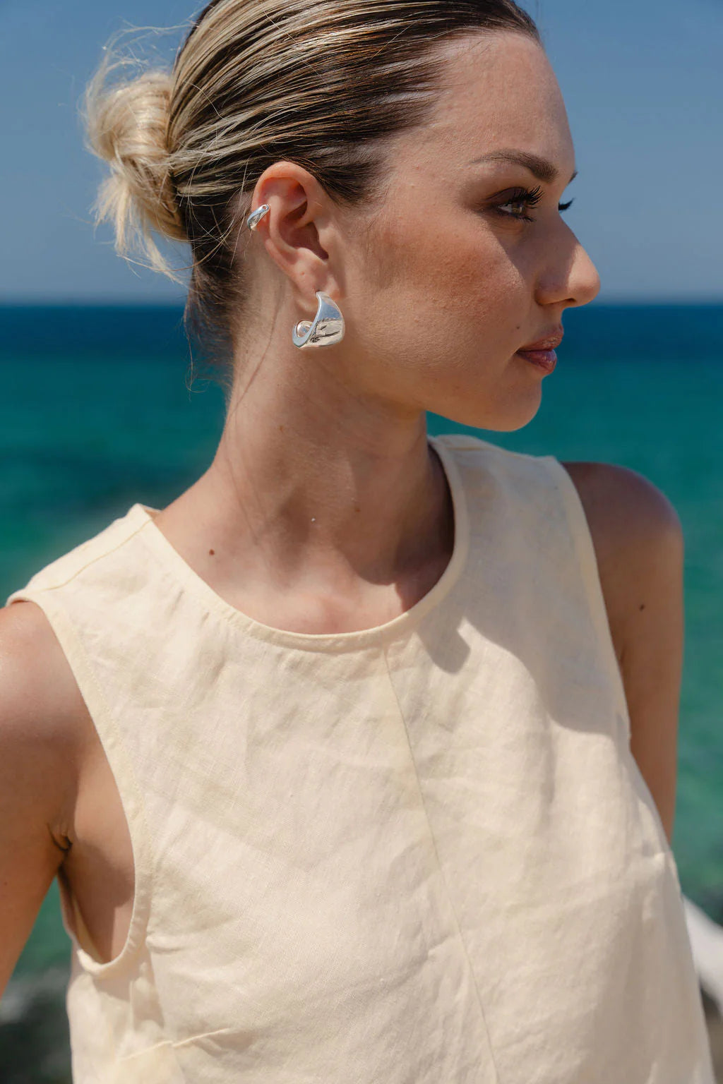 Shoreline Butter Linen Bias Sleeveless Shell Top- Butter