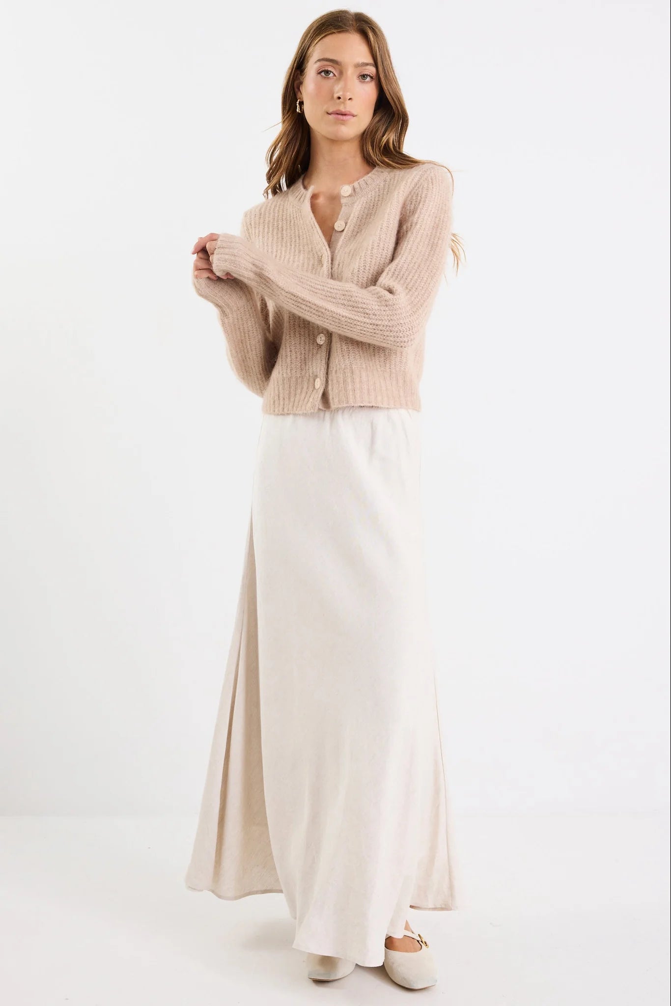 Highlight Biscuit Mohair Blend Crewneck Cardigan