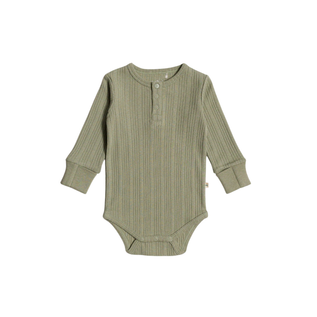 Woolbabe Merino/Organic Cotton Long Sleeve Henley Bodysuit - Flax Marl
