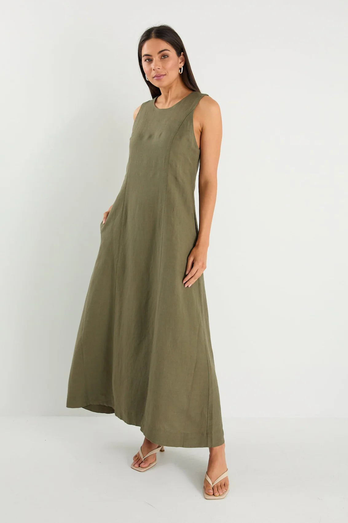 Easygoing Soft Khaki Linen Blend Sleeveless Crew Neck Midi Dress