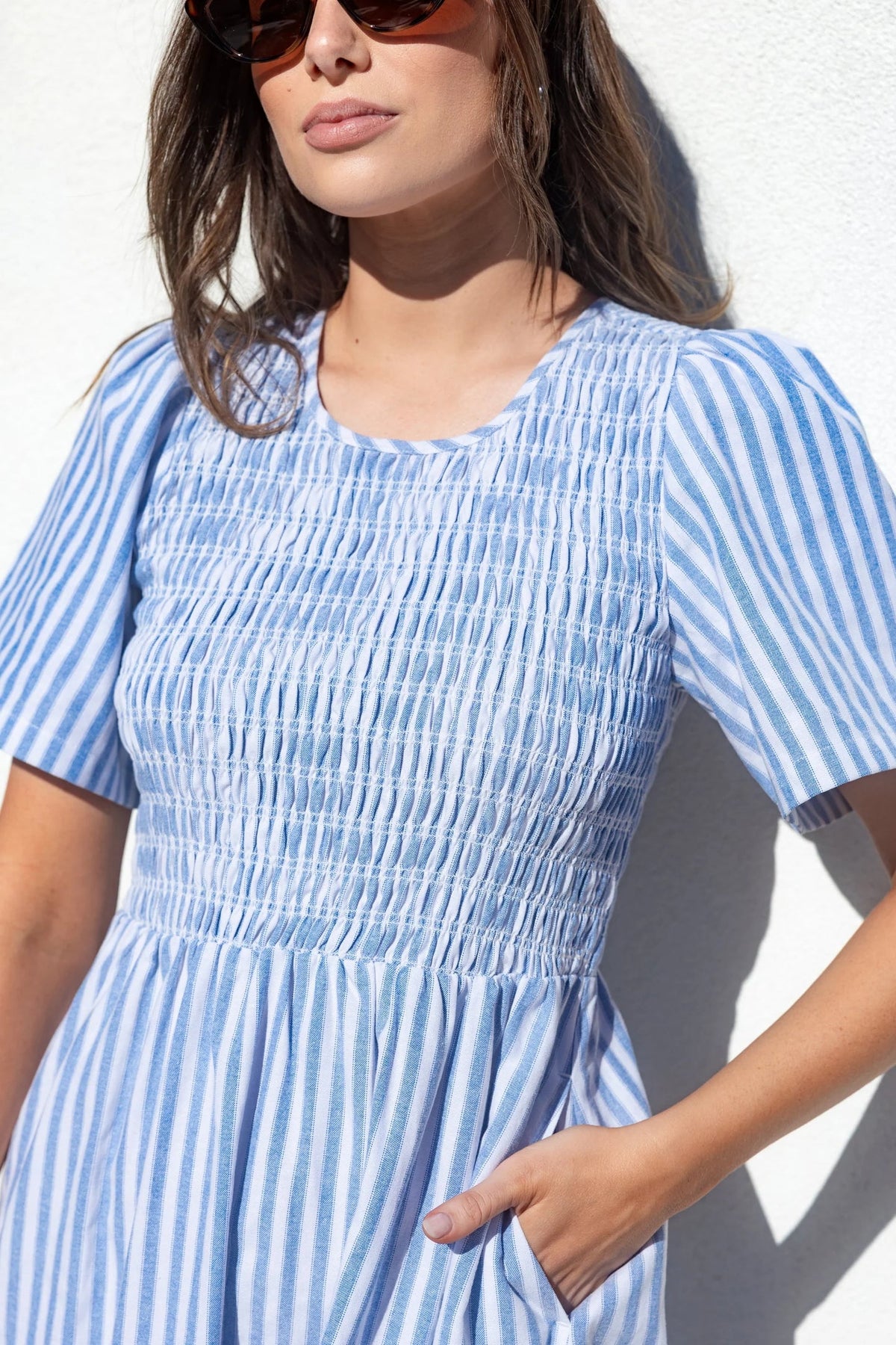 Wren blue stripe shirred bodice midi dress