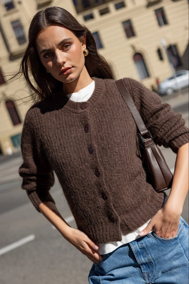 Highlight Chocolate Mohair Blend Crewneck Cardigan