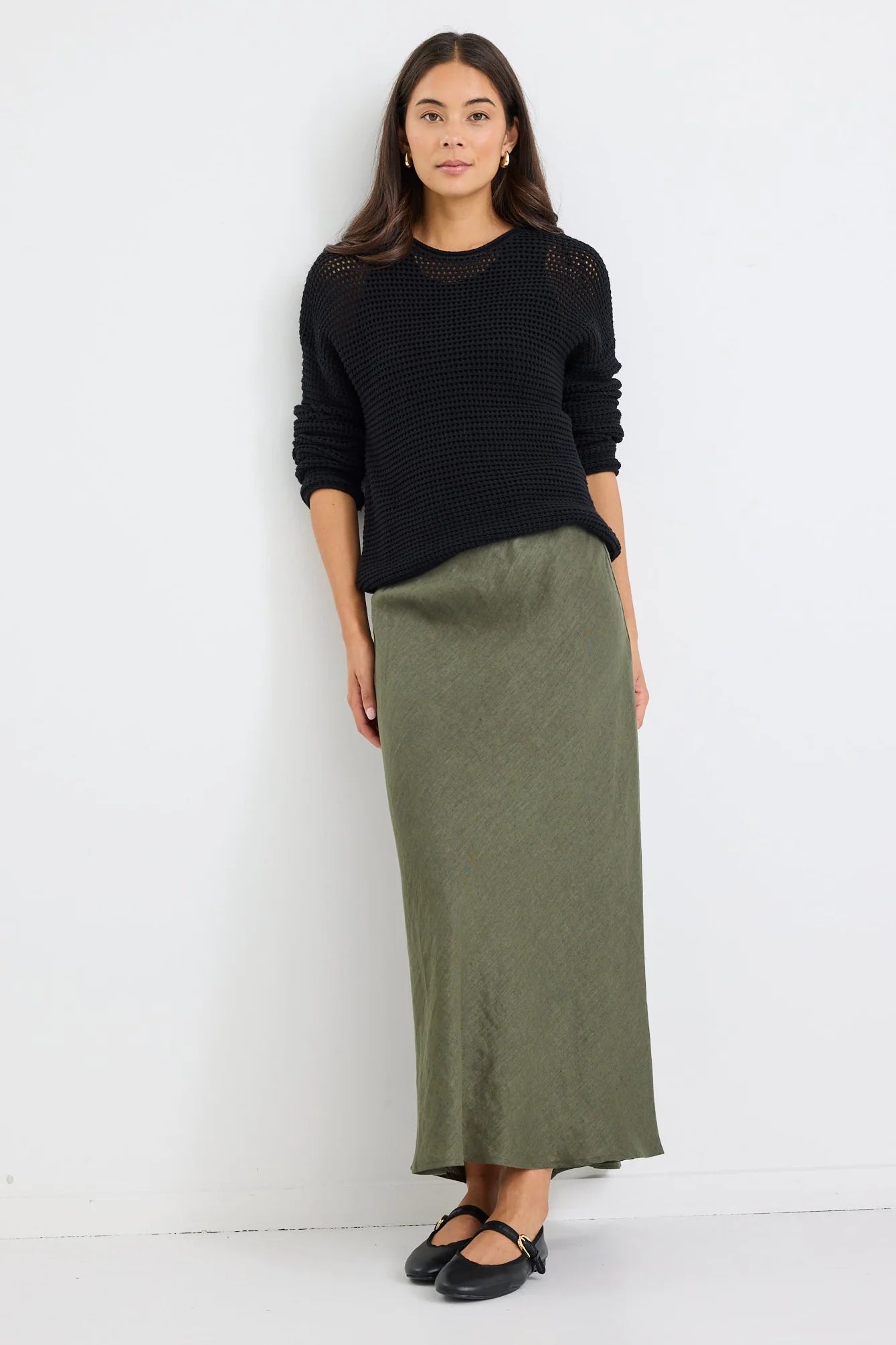 Bliss Soft Khaki Linen Bias Midi Skirt