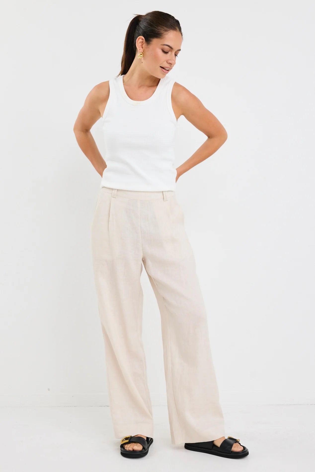 Bestow Pumice Linen Elastic Back Wide Leg Pants