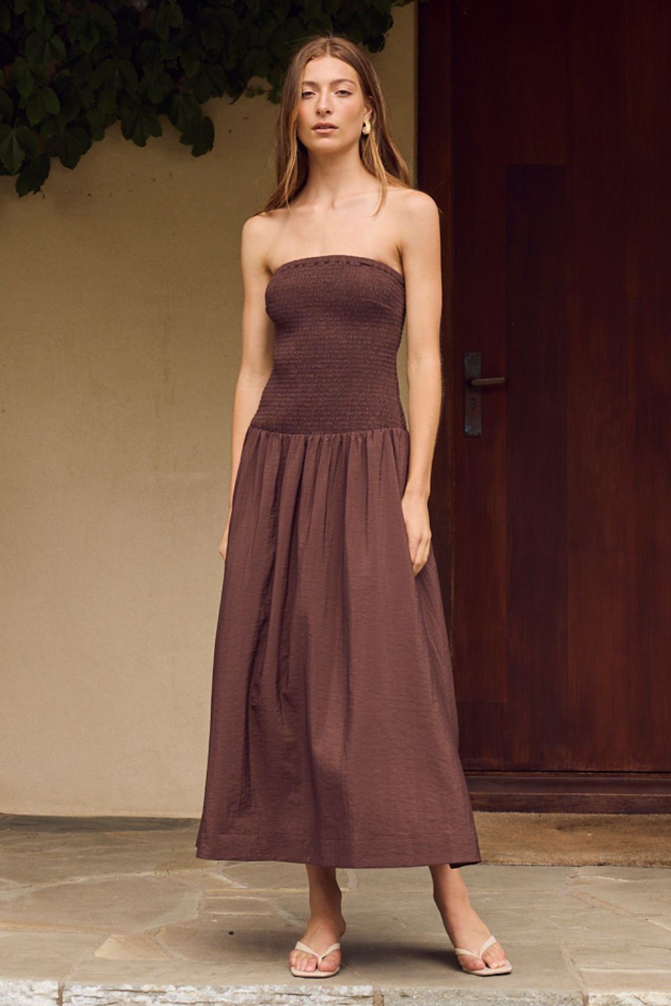 Athens Chocolate Strapless Shirred Bodice Maxi Dress