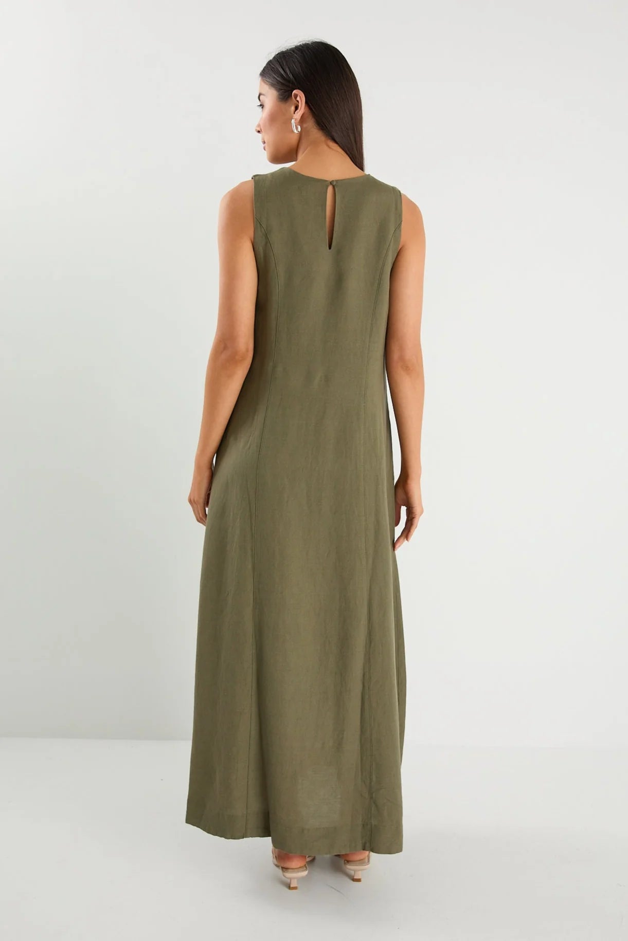 Easygoing Soft Khaki Linen Blend Sleeveless Crew Neck Midi Dress