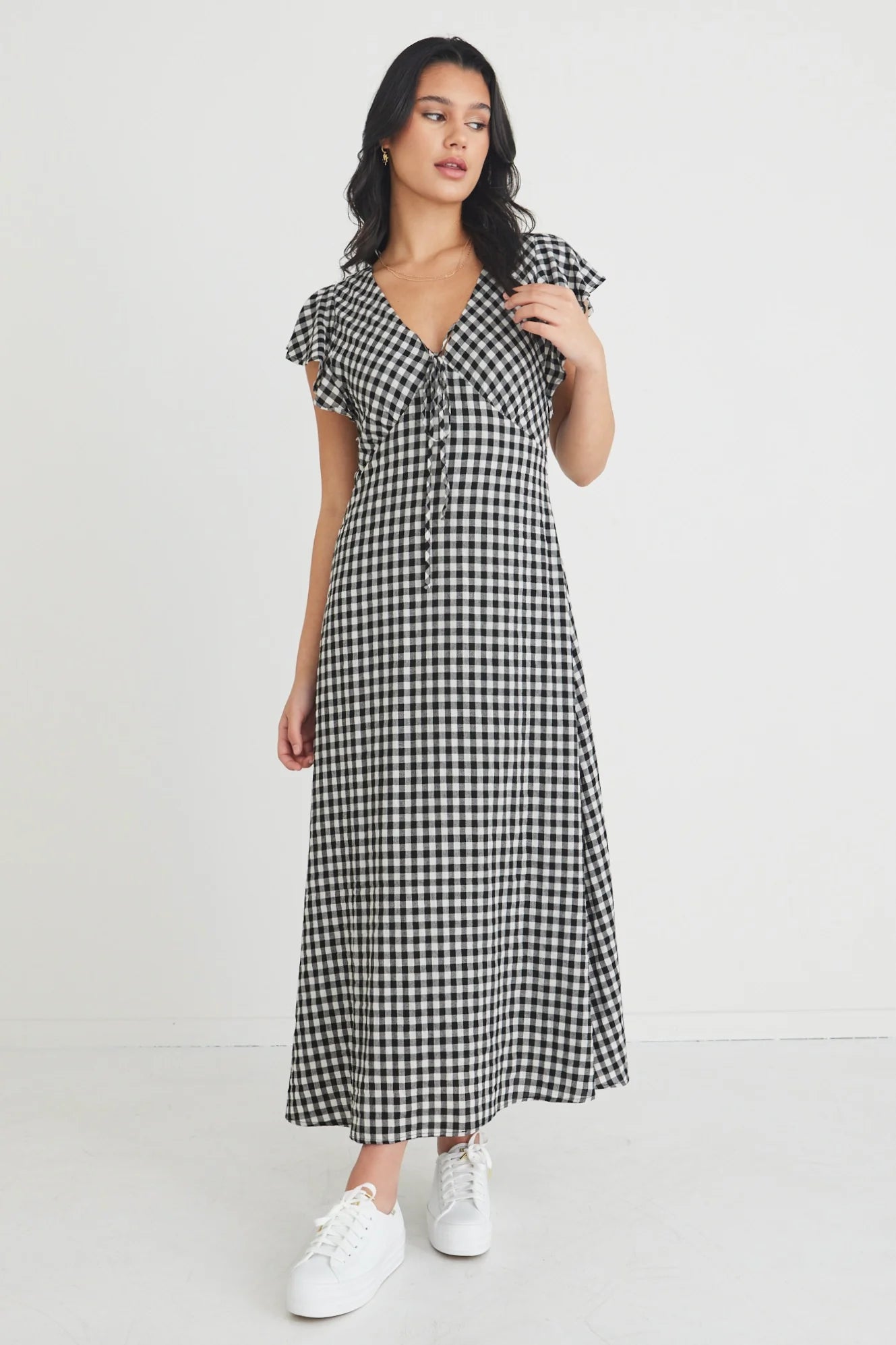 Ovation Black Gingham Flutter Ss Keyhole Tie Midi Dress