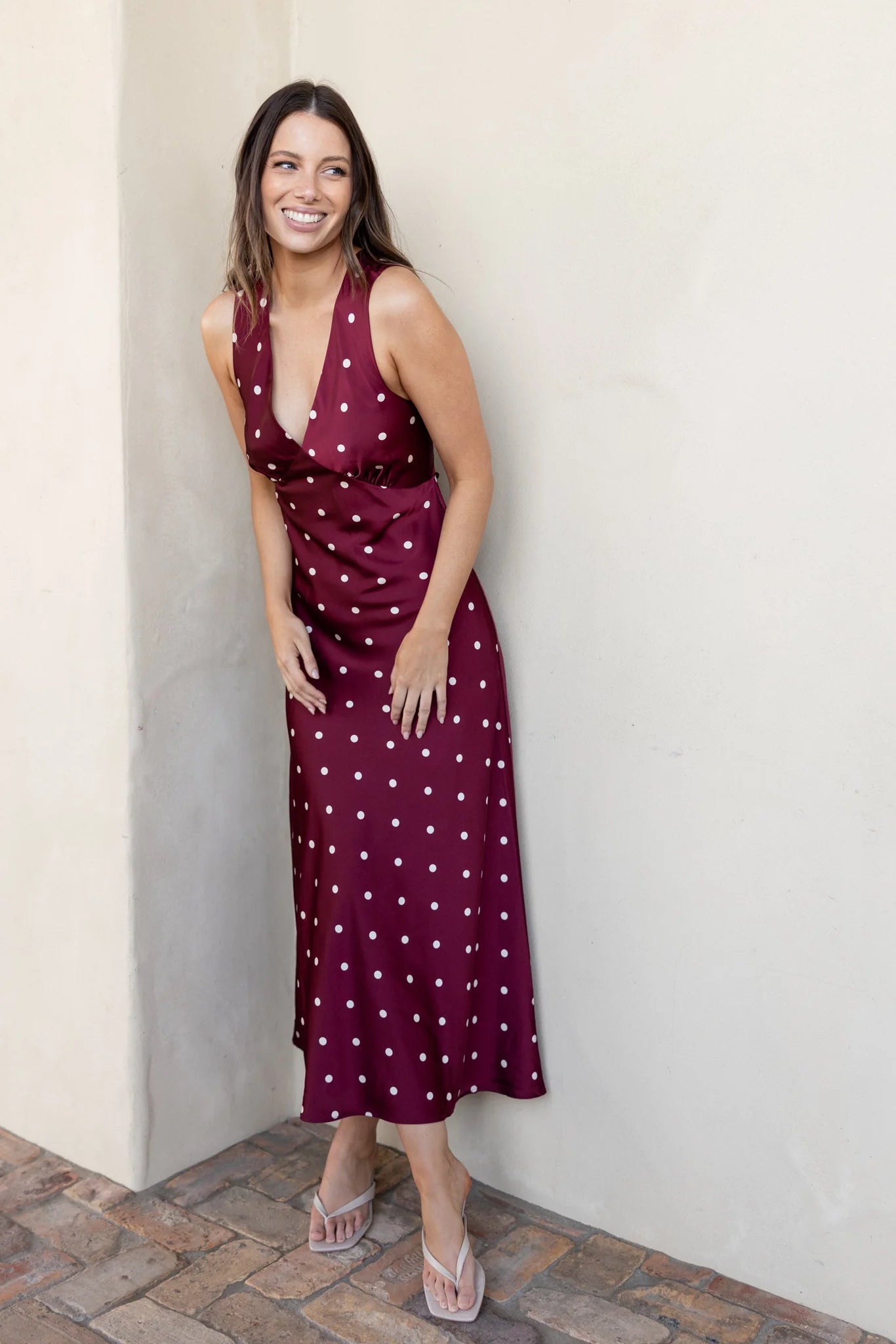 Aston Wine Cream Polka Dot Satin Bias Flared Maxi Dress