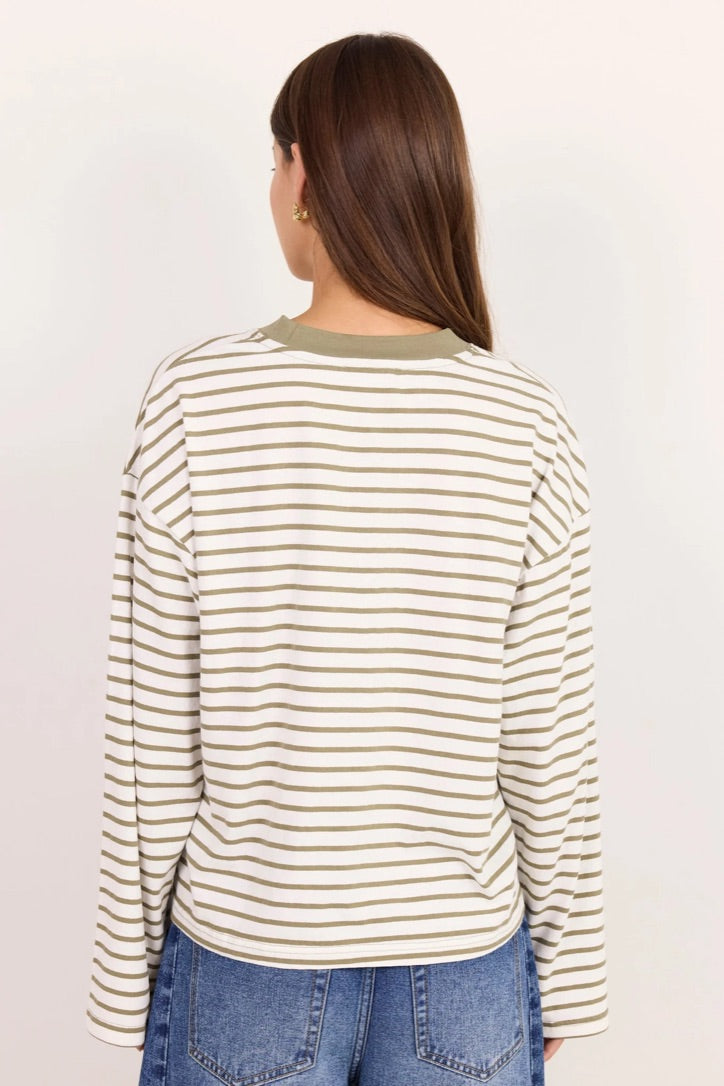 Unite Khaki White Stripe Long Sleeve Contrast Binding Boxy Tee