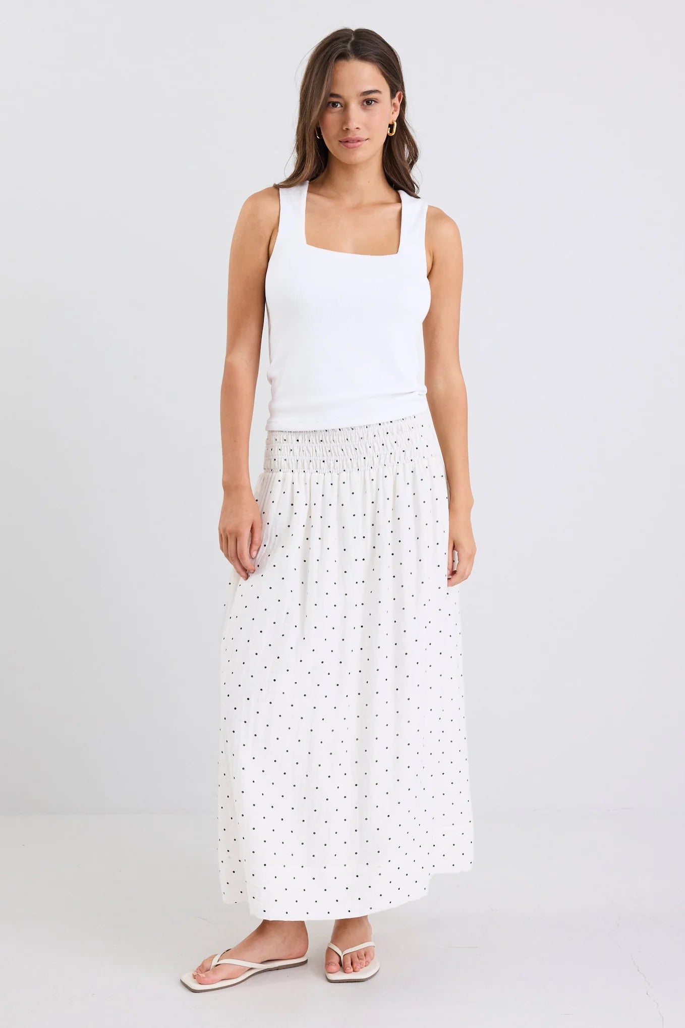 Wanderlust Cream Polka Dot Shirred Waist Maxi Skirt