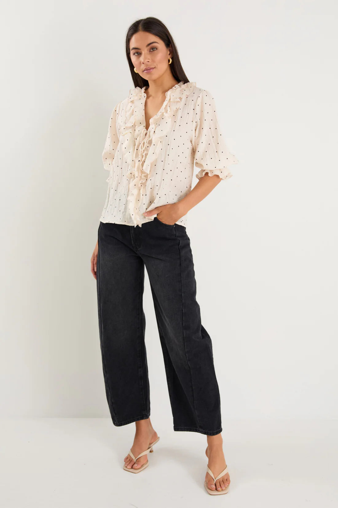 Garnish Cream Black Spot Frill Front Mid Sleeve Top