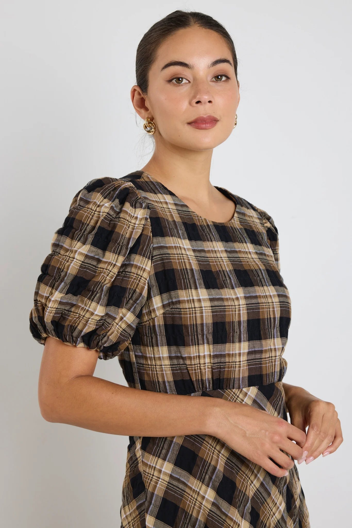 Encore Caramel Check SS Bias Maxi Dress