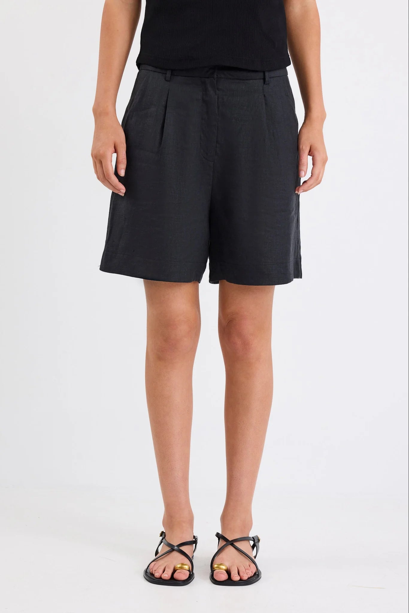 Literal Black Linen Pleat Front Shorts