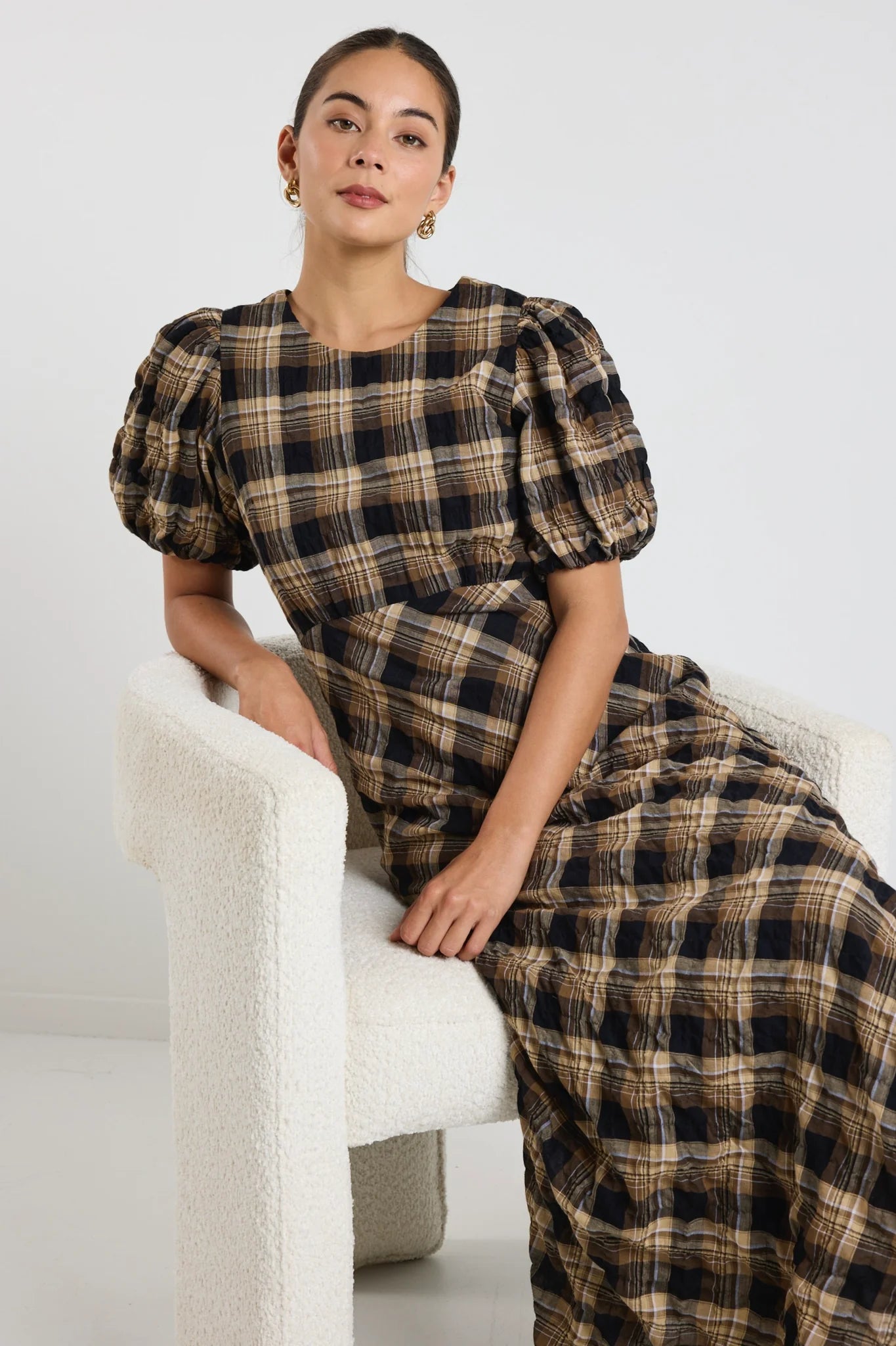 Encore Caramel Check SS Bias Maxi Dress