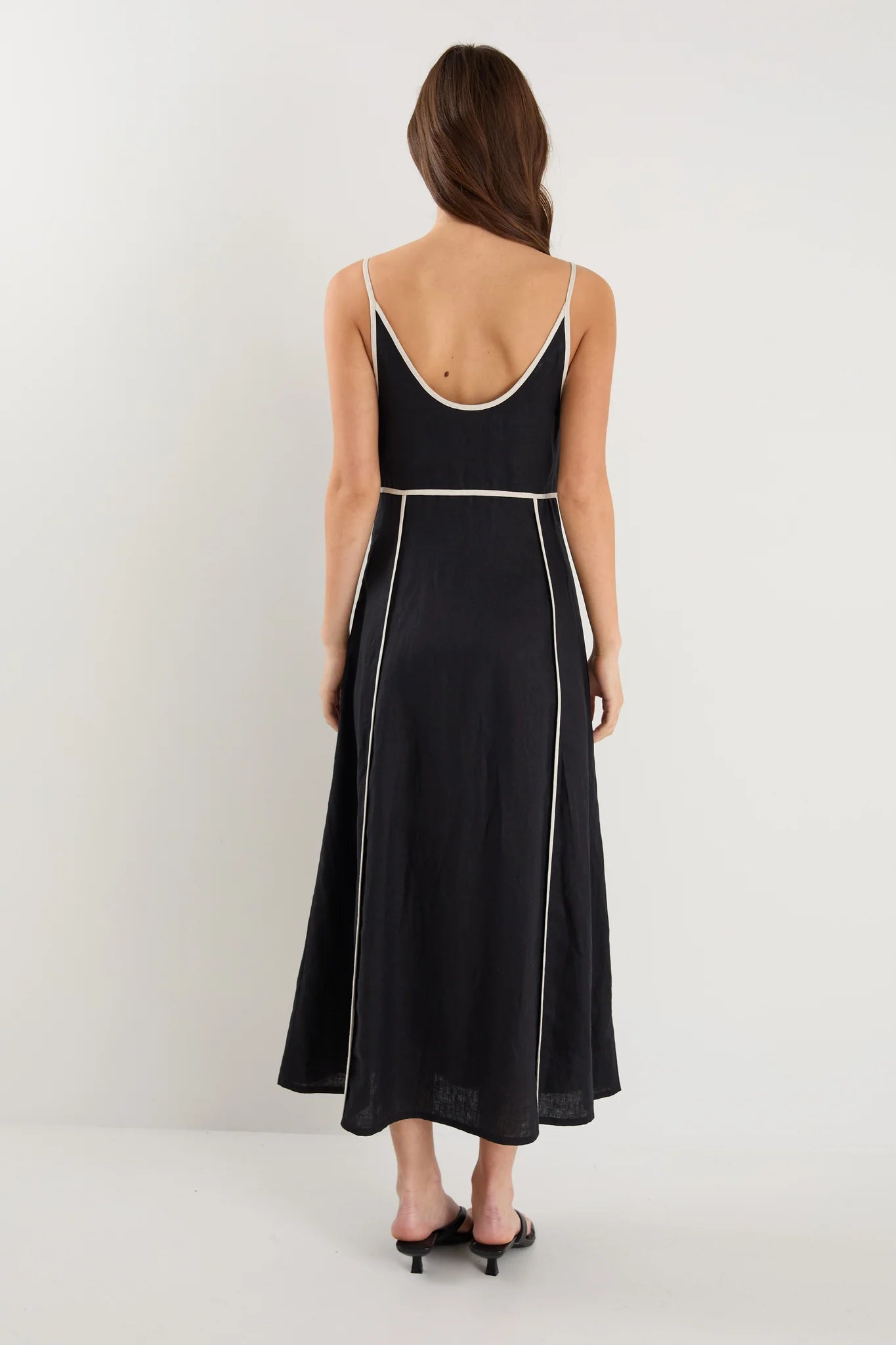 Marine Black Natural Contrast Linen Strappy Maxi Dress