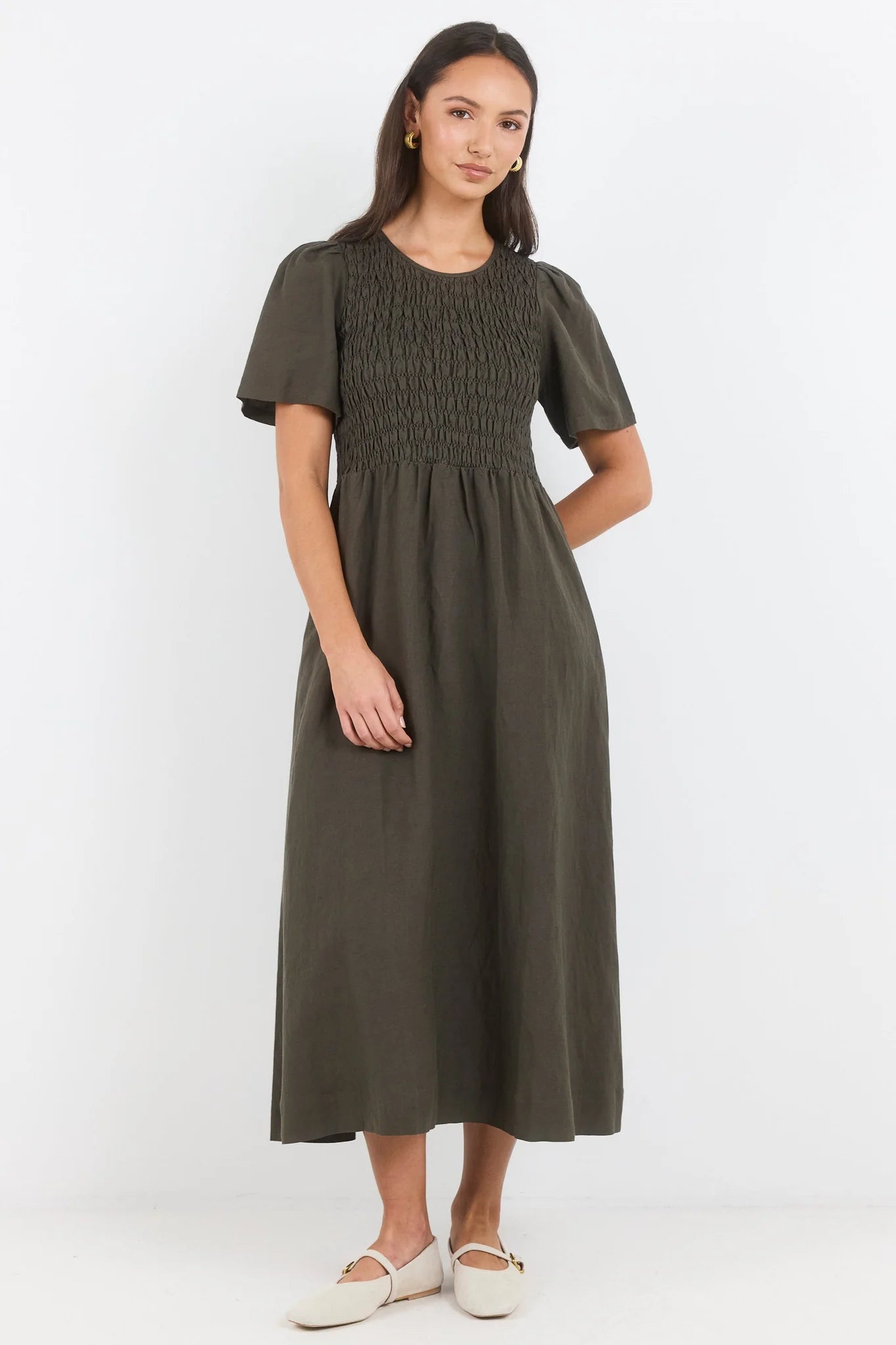 Wren Dark Olive Linen Blend SS Shirred Bodice Midi Dress