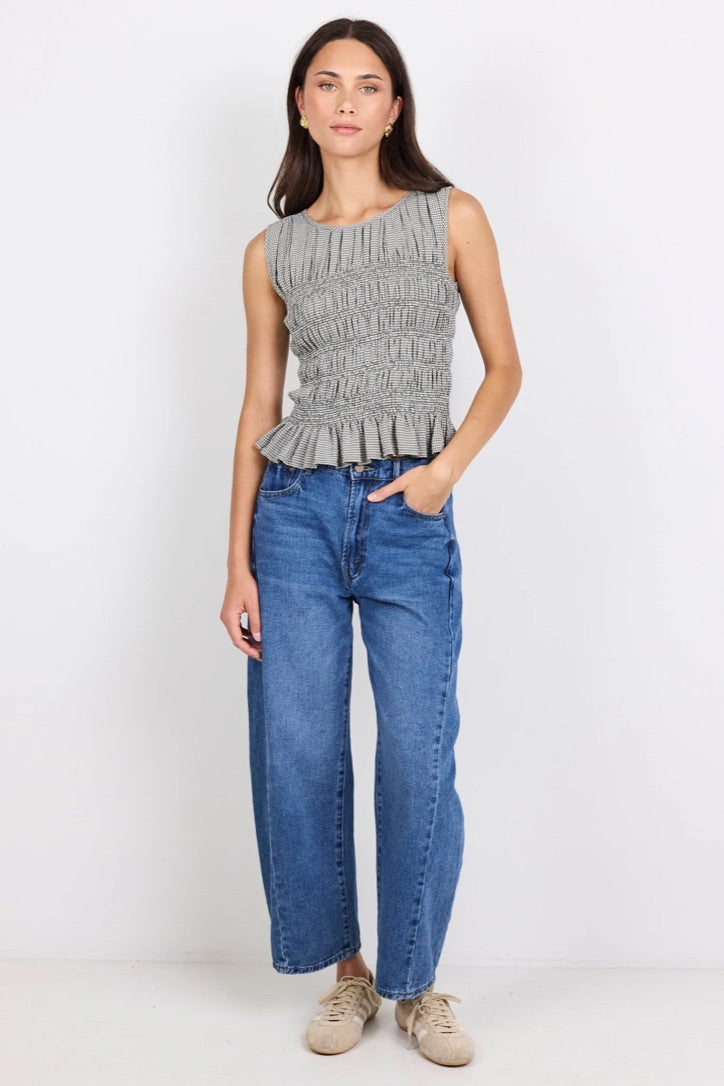 Impulsive Khaki Mini Gingham Shirred Sleeveless Top