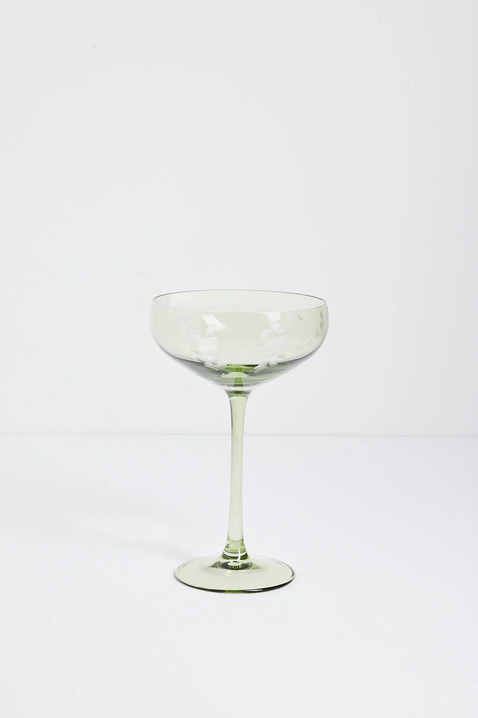 Olive Green Etched Leaf Set 2 Coupe Cocktail Glasses
