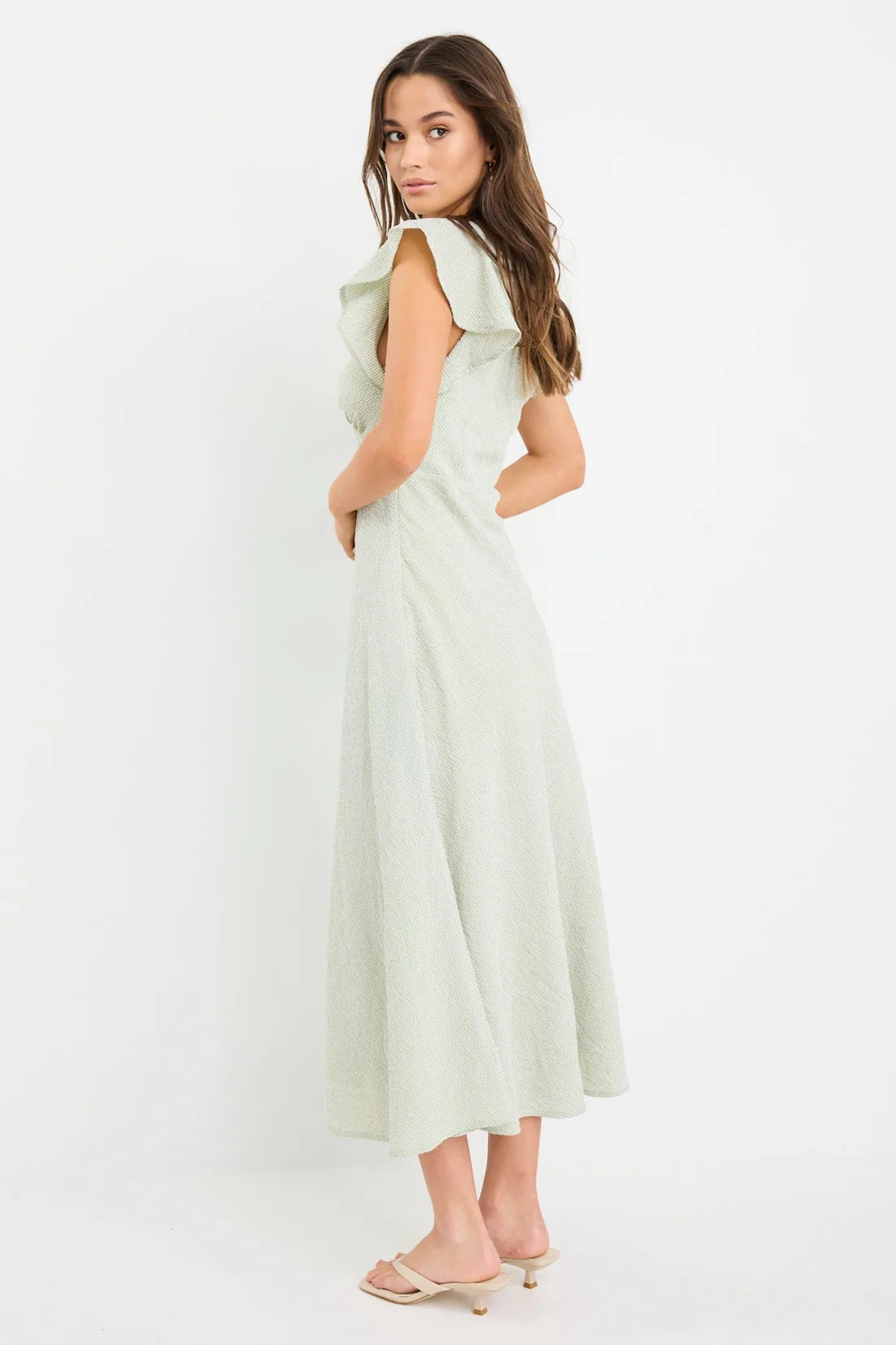 Ovation Sage Gingham Flutter Ss Keyhole Tie Midi Dress
