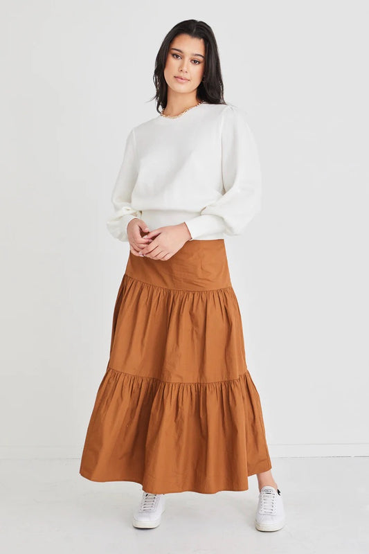Blazing Toffee Cotton Tiered Midi Skirt