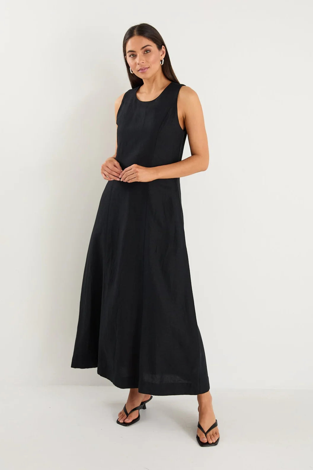 Easygoing Black Linen Blend Sleeveless Crew Neck Midi Dress