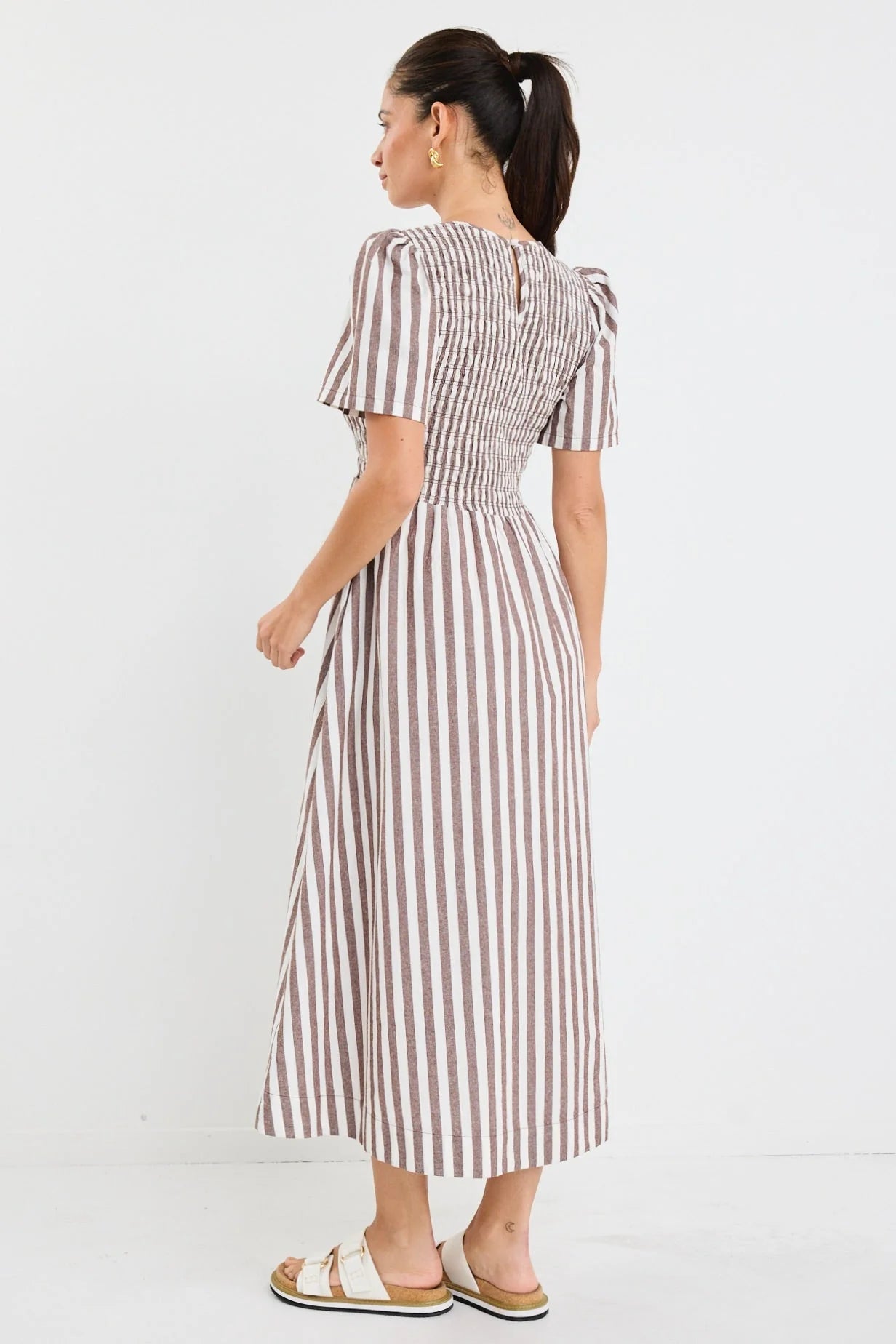 Wren Chocolate Stripe Cotton SS Shirred Bodice Midi Dress
