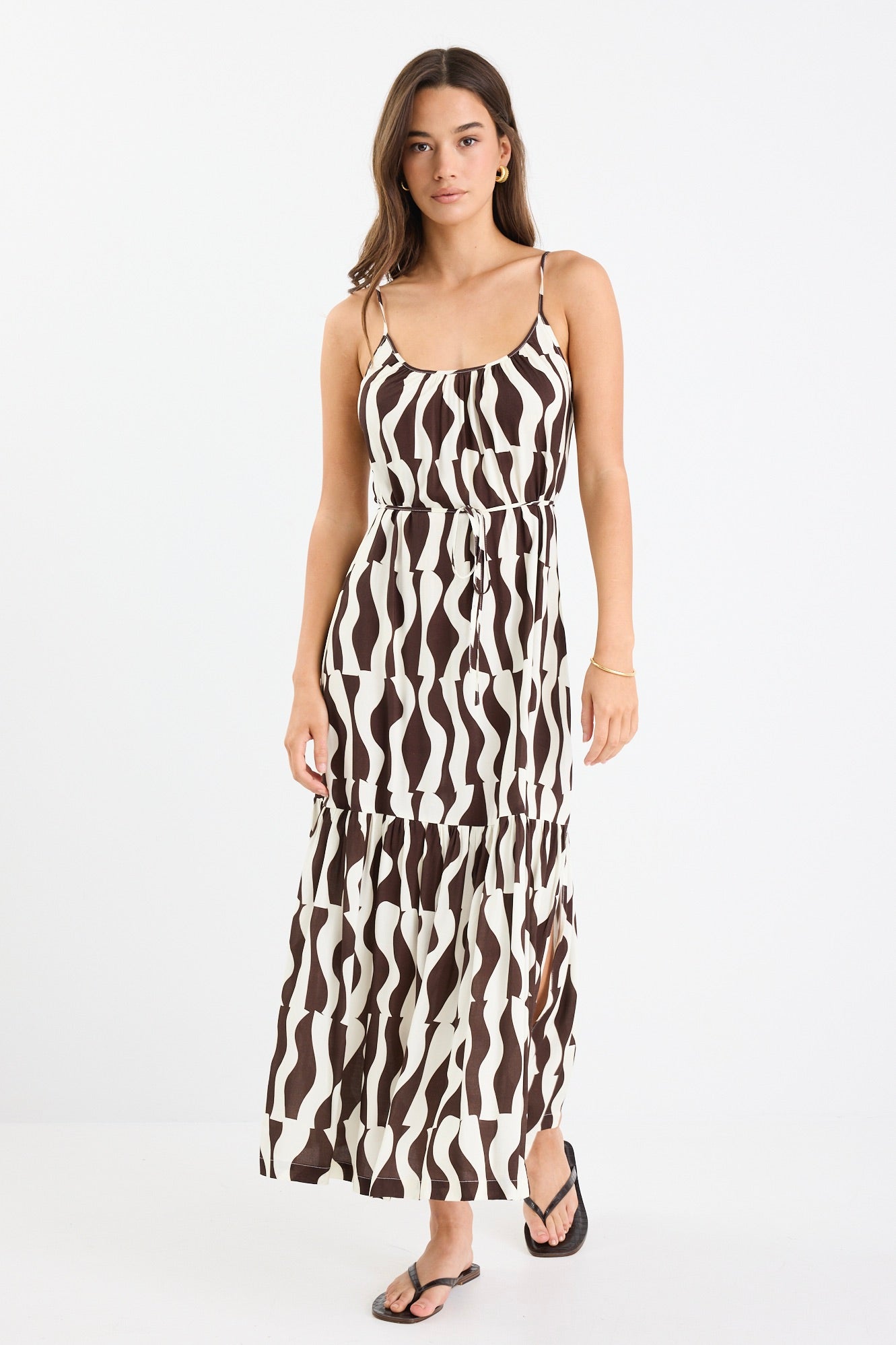 Relax Chocolate Geo Strappy Tiered Midi Dress