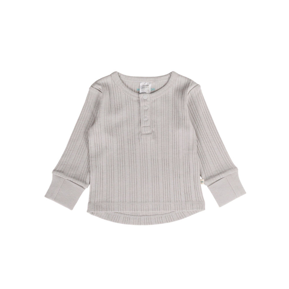 Woolbabe Merino/Organic Cotton Long Sleeve Henley Top  - Pebble Marl